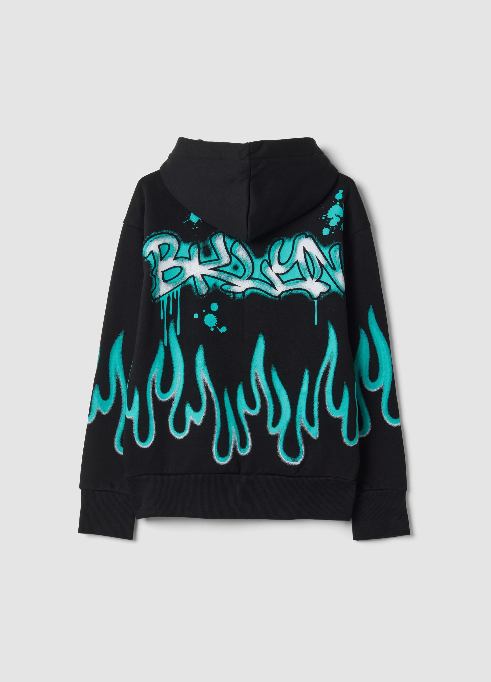 Black cotton-blend hoodie with flame print