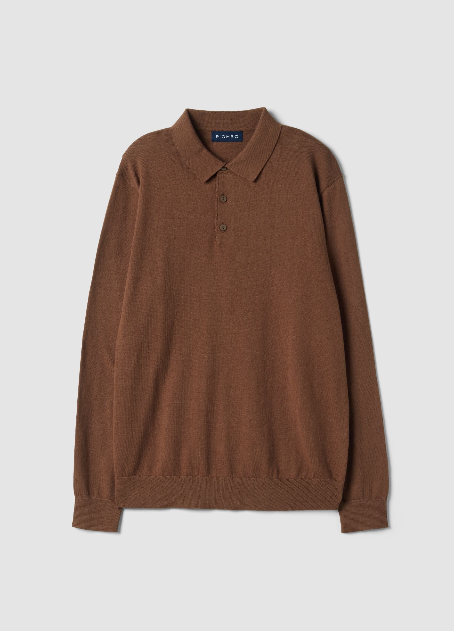 Brown long-sleeve regular-fit cotton and cashmere-blend polo shirt