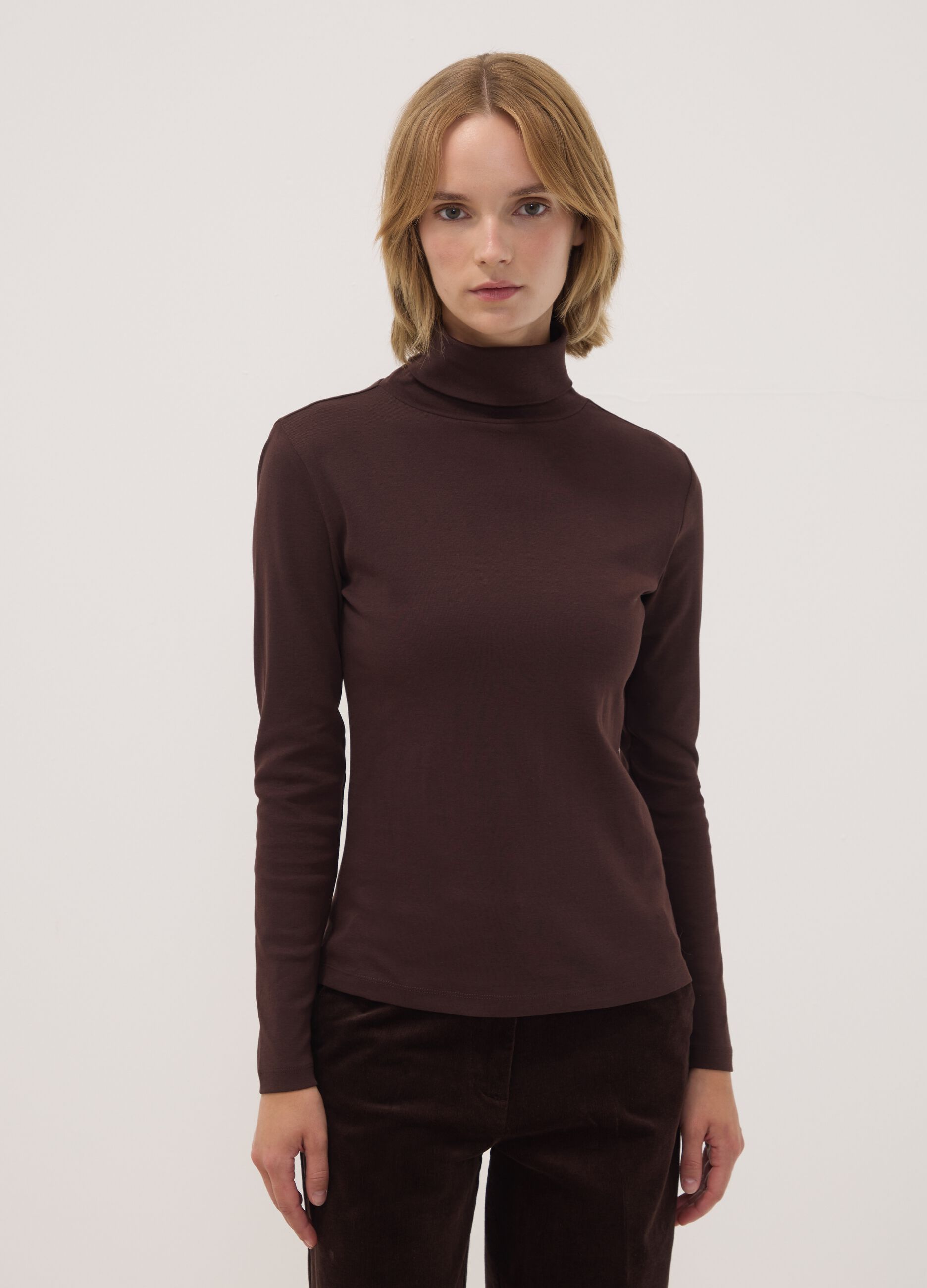 Brown pure cotton crew-neck T-shirt