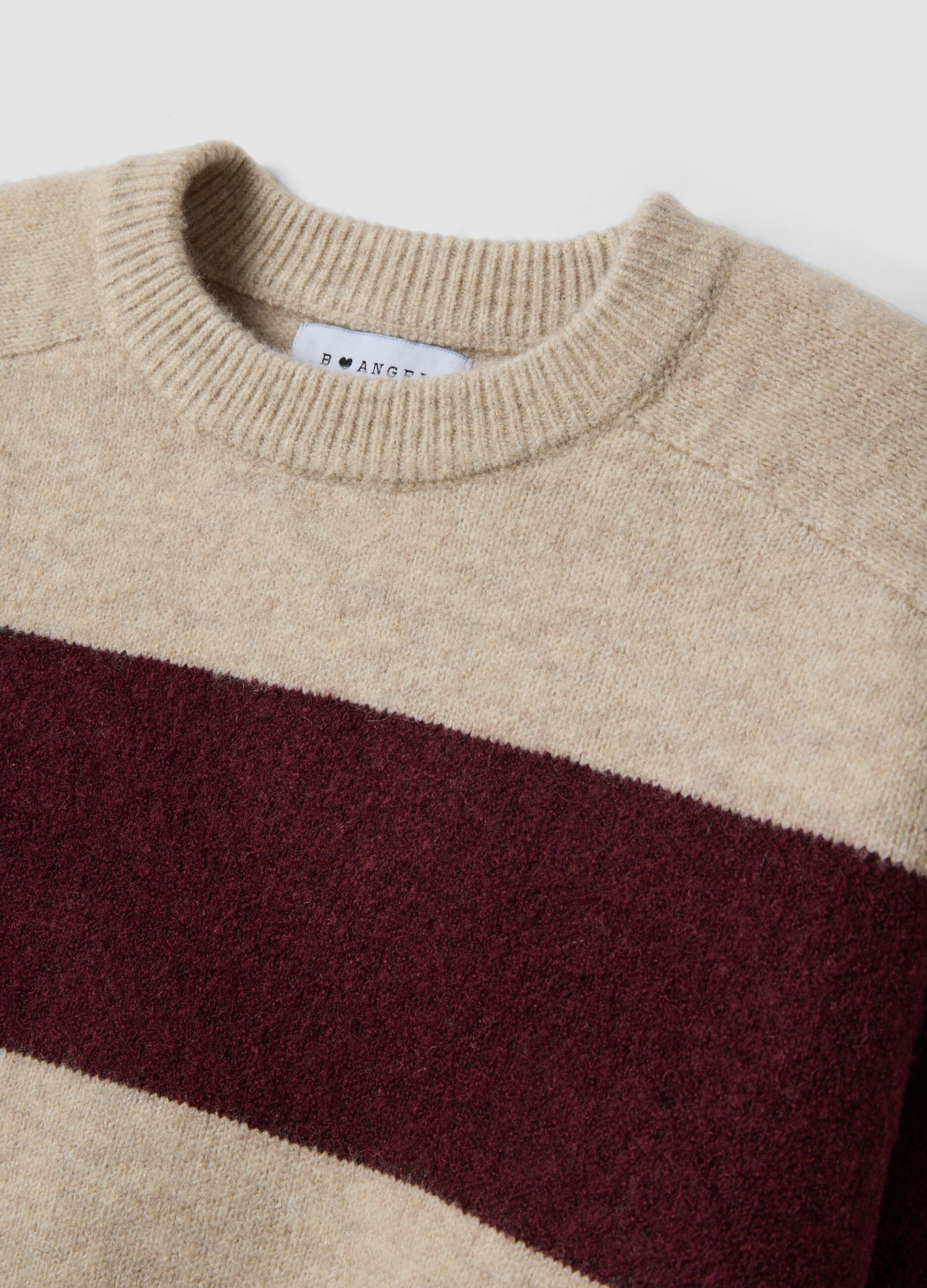 Beige striped stretch wool crew-neck jumper