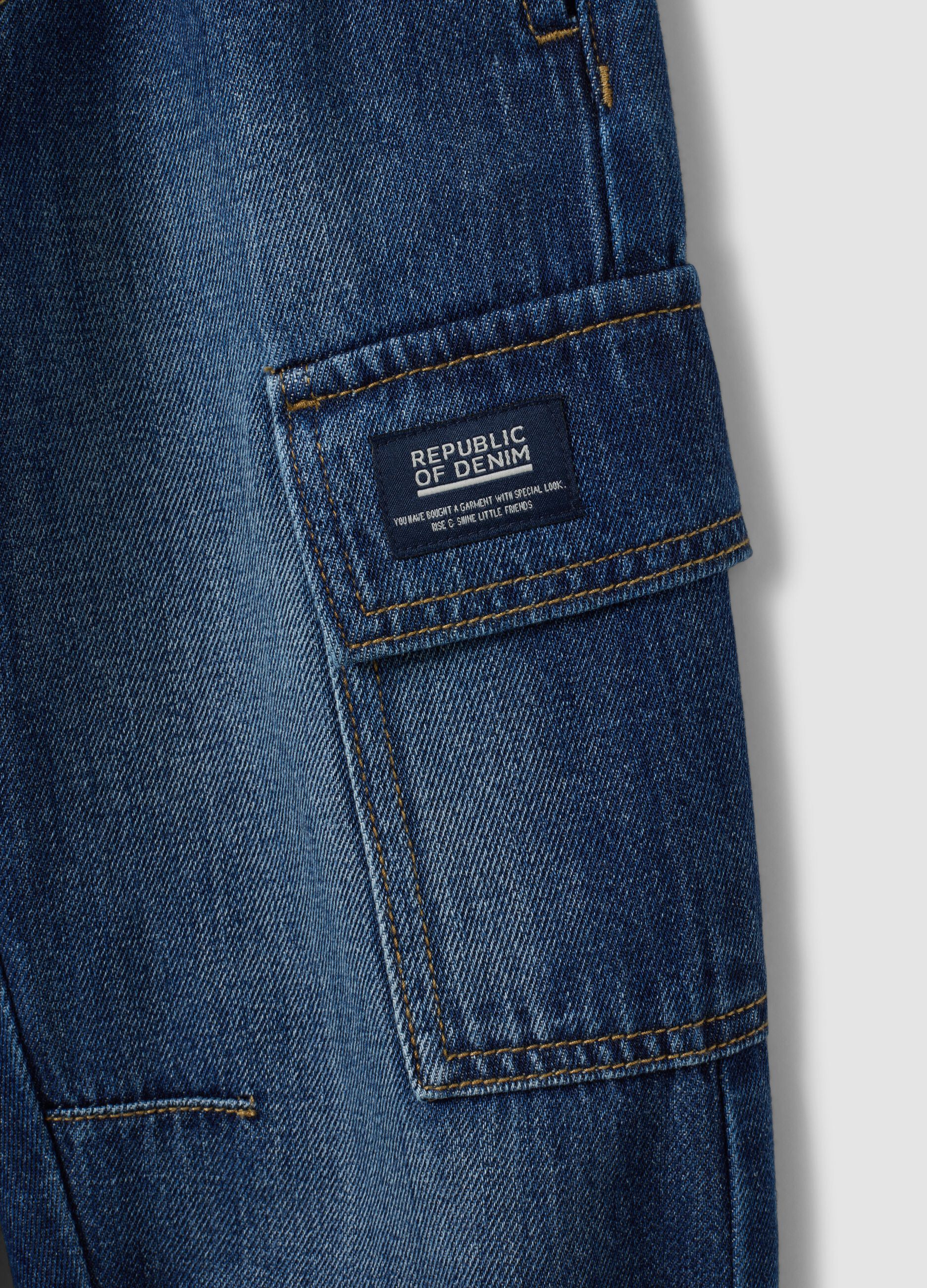 Blue denim joggers in cotton and viscose blend with cargo pockets, relaxed fit