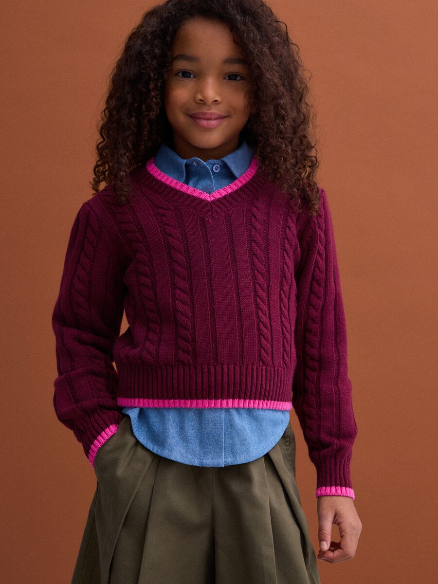 Red pure cotton cable-knit V-neck jumper for girls_0