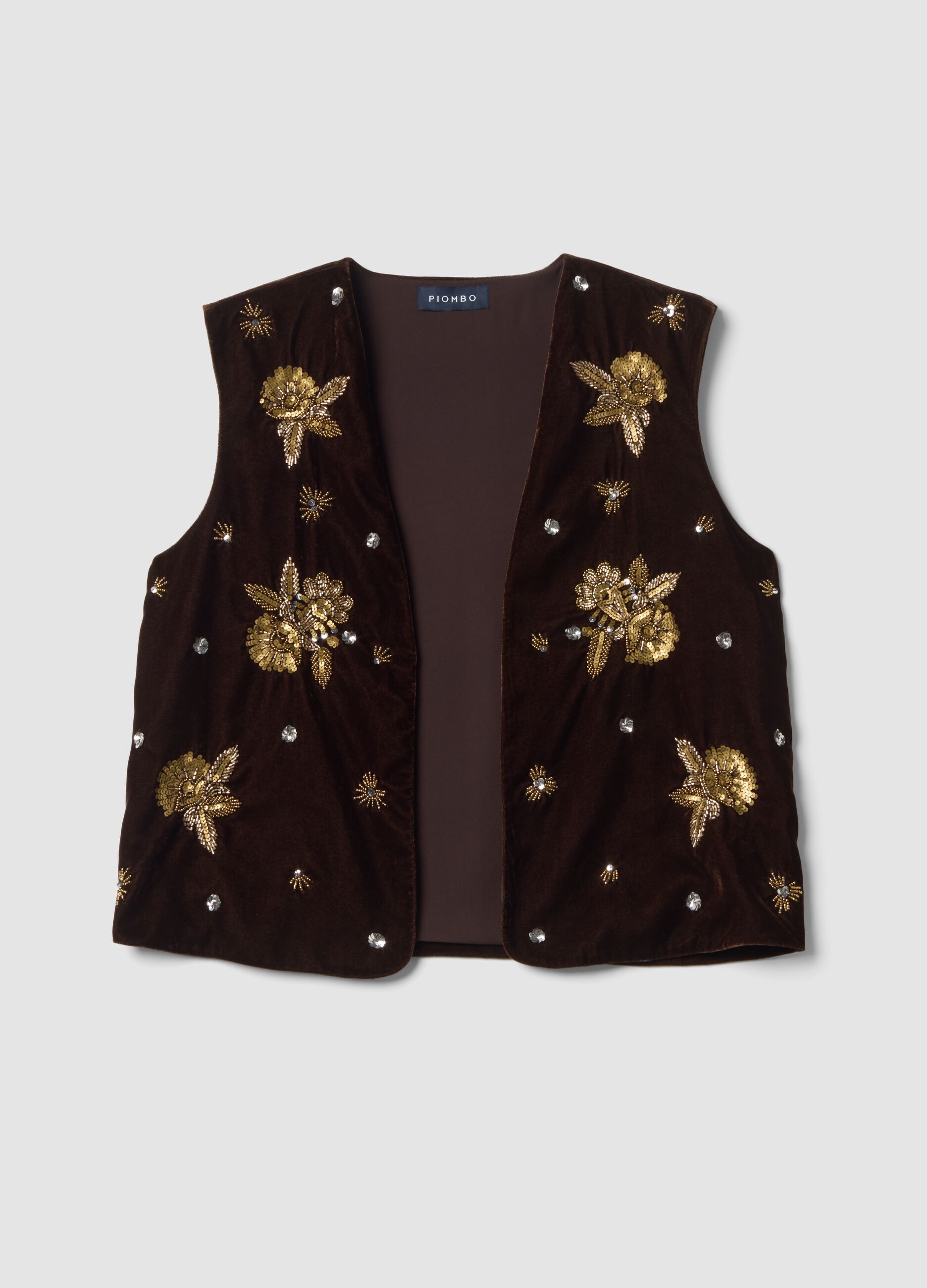 Gilet marrone con ricami floreali e paillettes slim fit