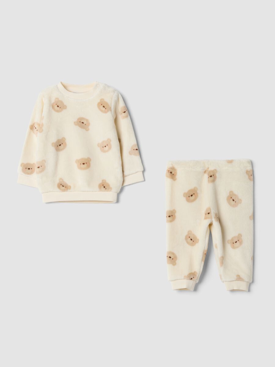 Ivory white crew-neck pyjama set with teddy bear print_0