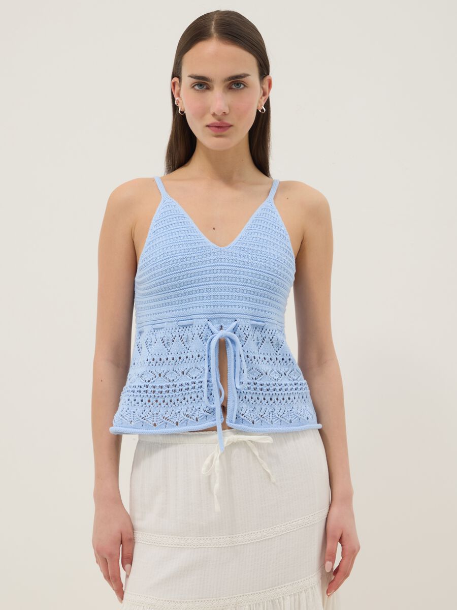 Sky-blue pure cotton regular-fit top with openwork texture_1