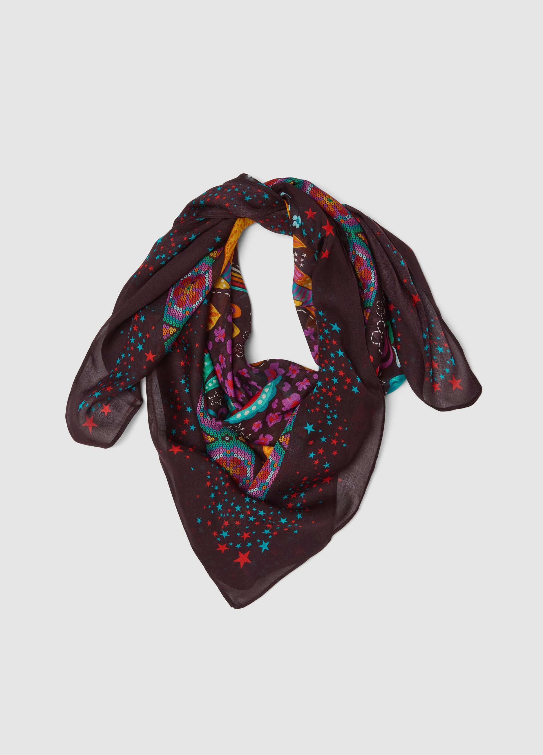 Brown pure viscose scarf with printed design