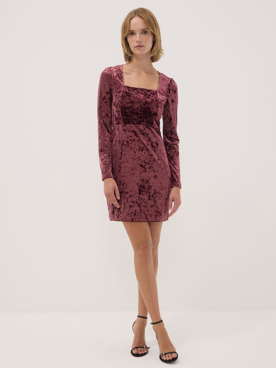 Purple fitted stretch dress with square neckline_0