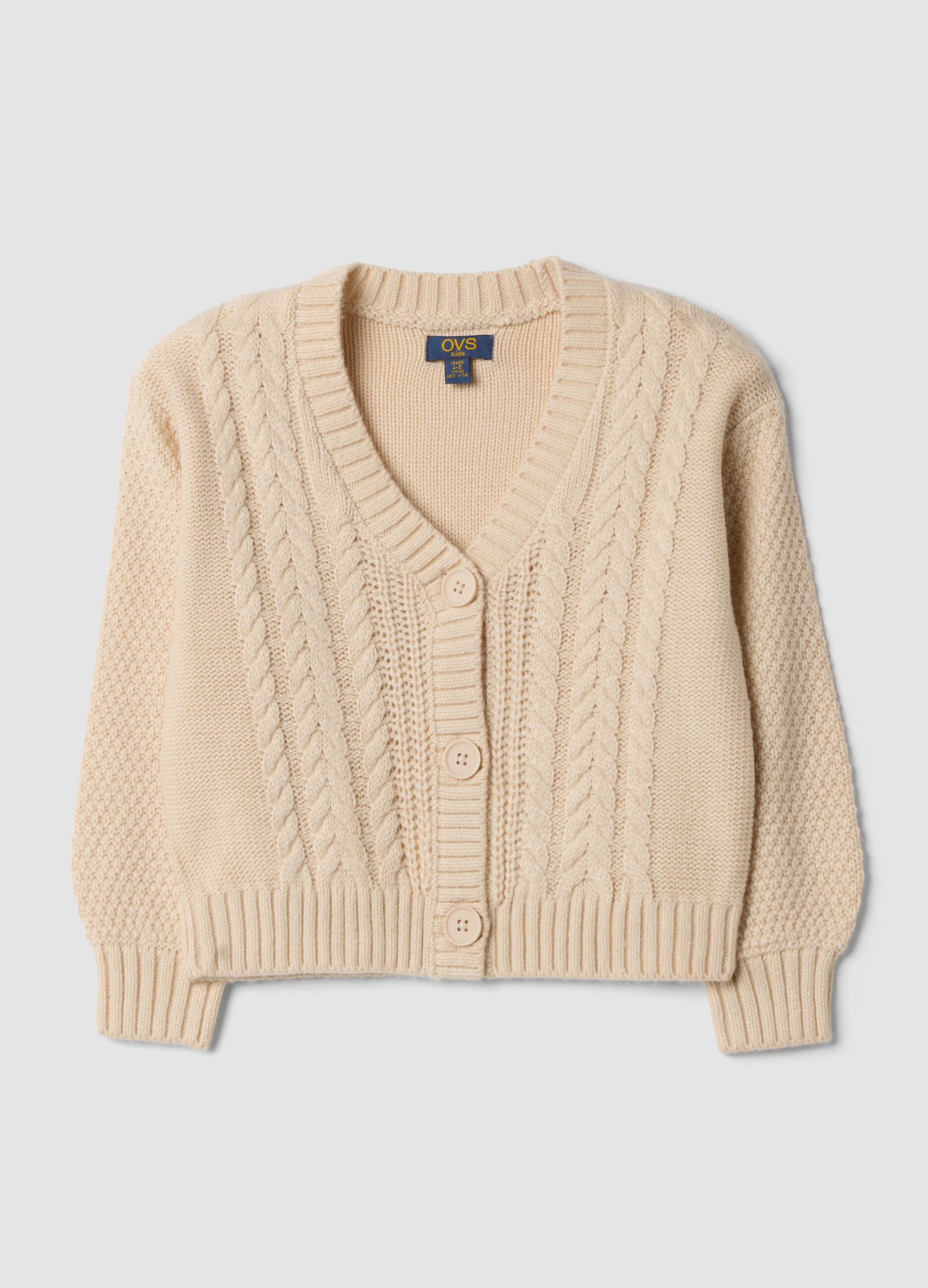 Cardigan beige in maglia con scollo profondo a V