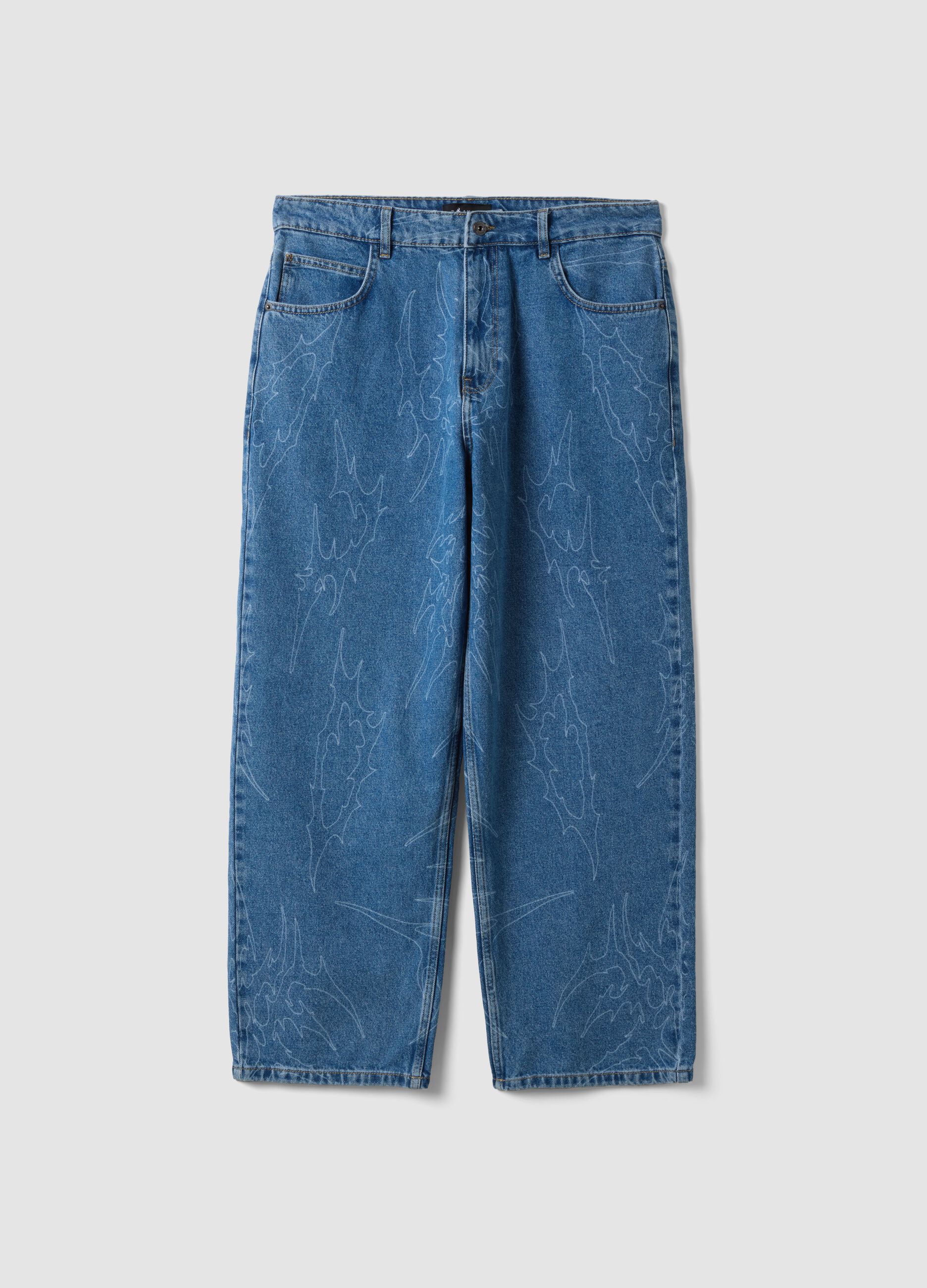 Blue denim baggy-fit jeans in pure cotton with all-over print