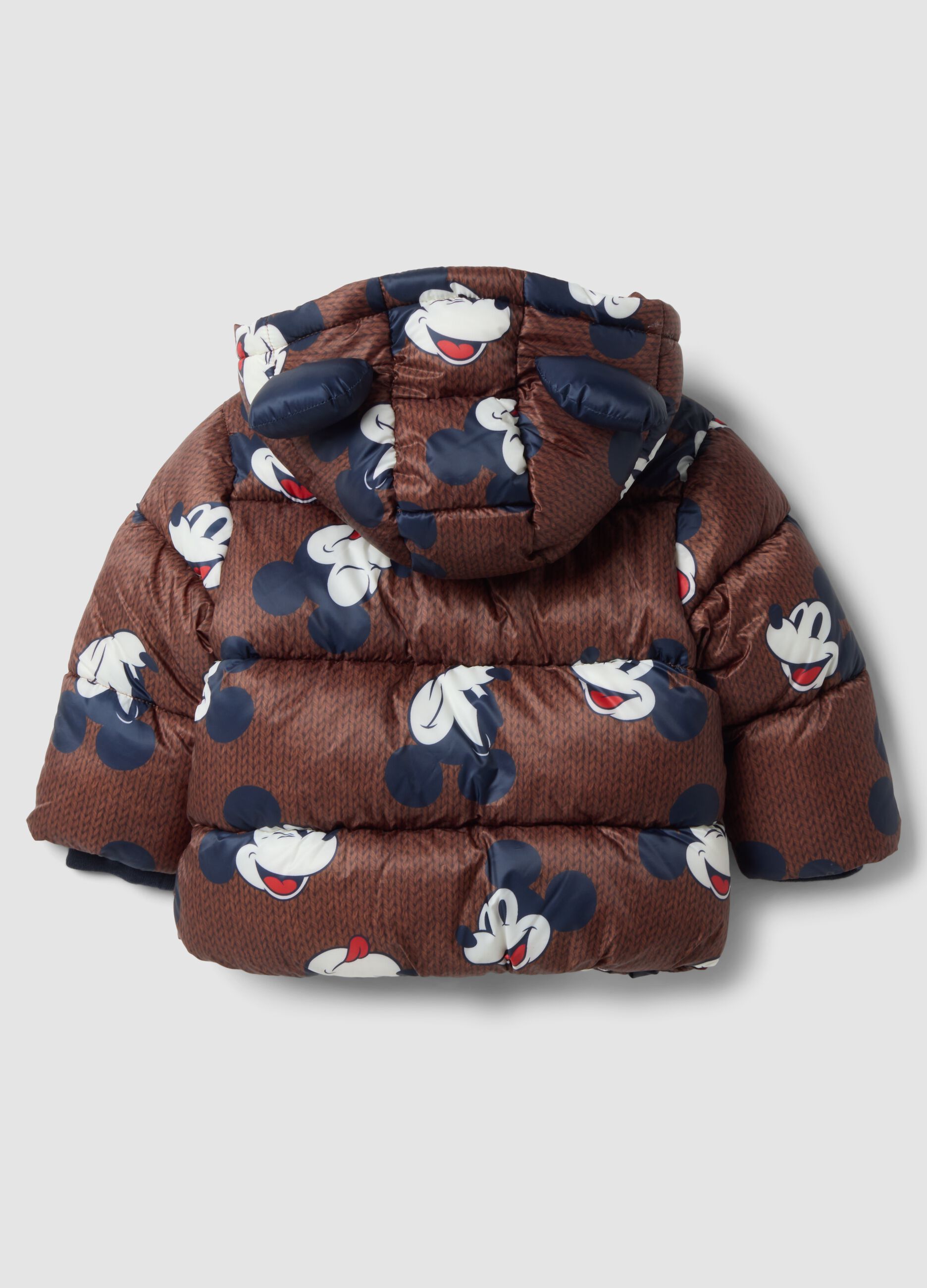 Brown padded jacket with hood and Mickey & Friends print