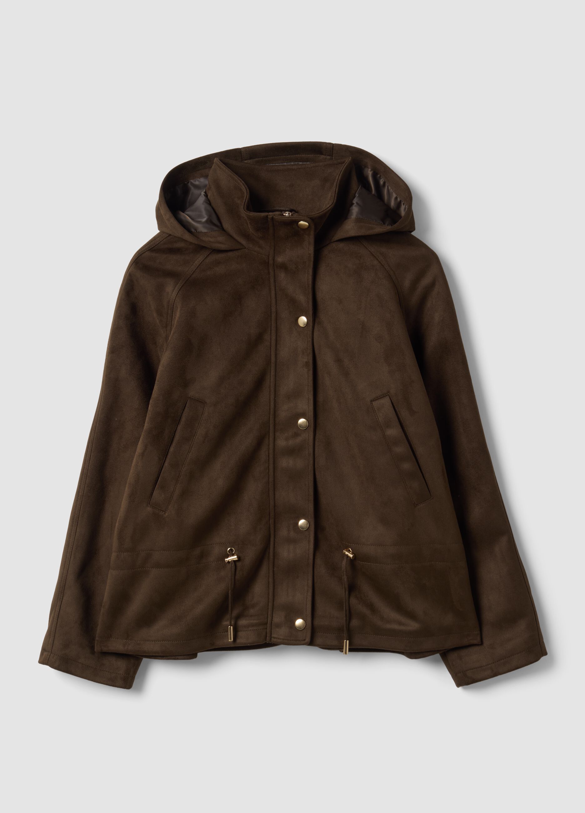 Parka marrone con cappuccio e chiusura zip e bottoni