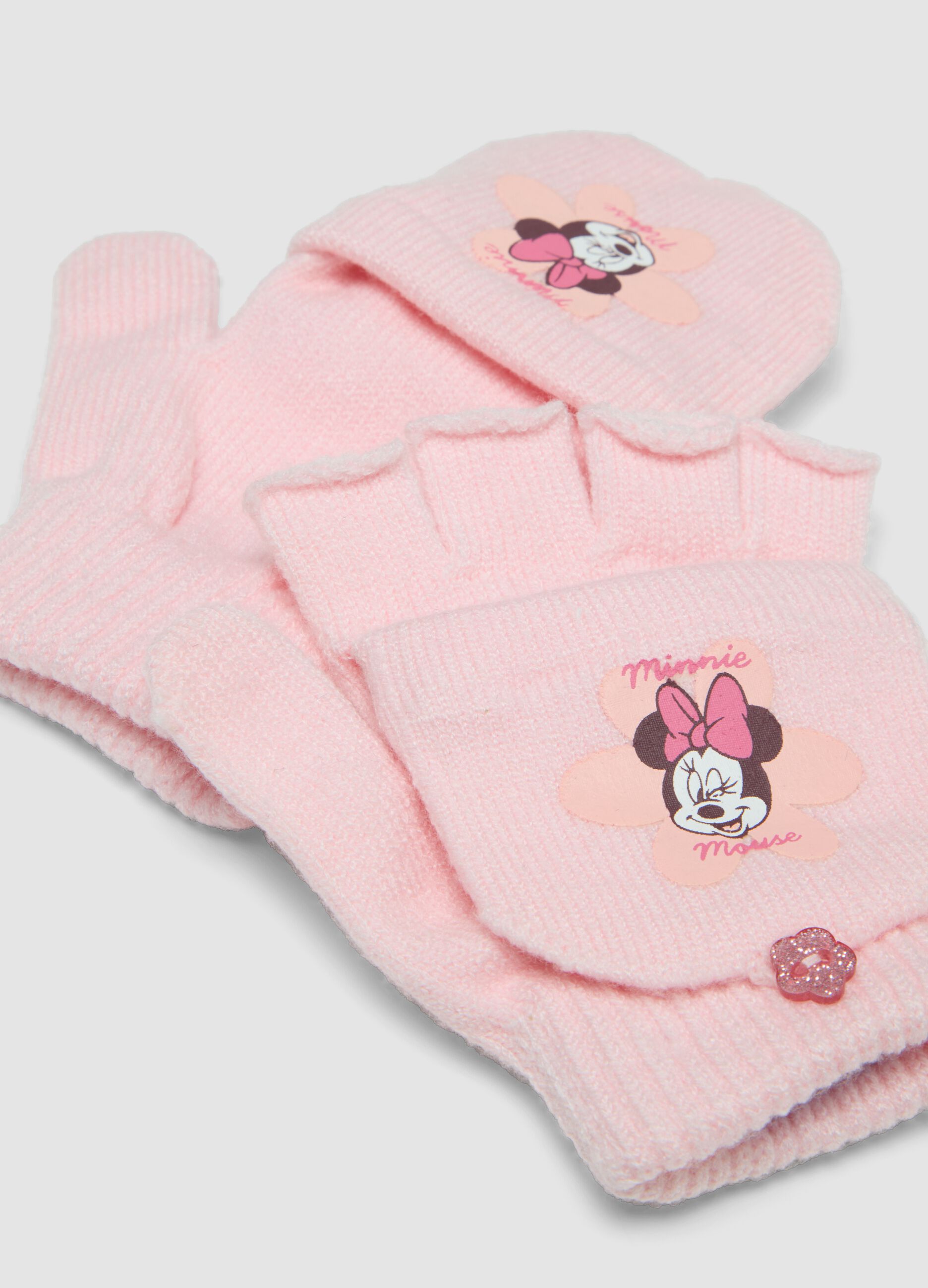 Pink viscose-blend gloves with convertible mitten flap and Minnie motif