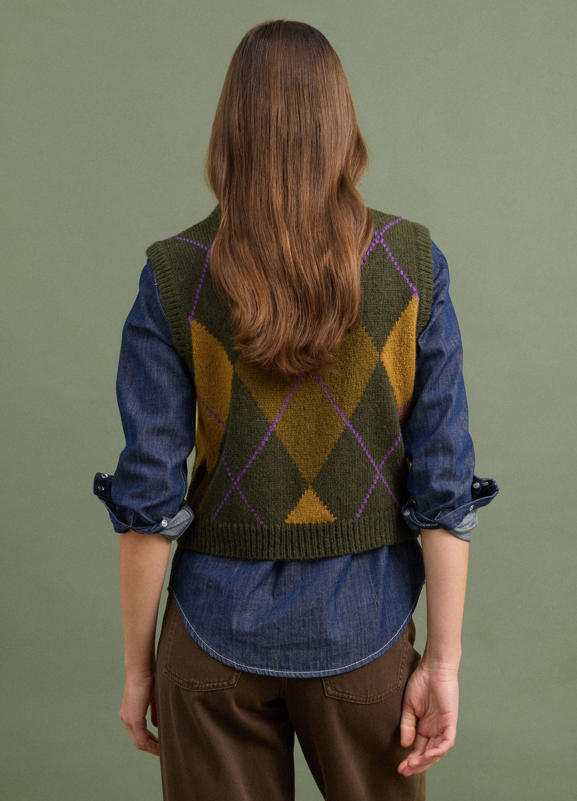 Green jacquard wool-blend crew-neck gilet, regular fit