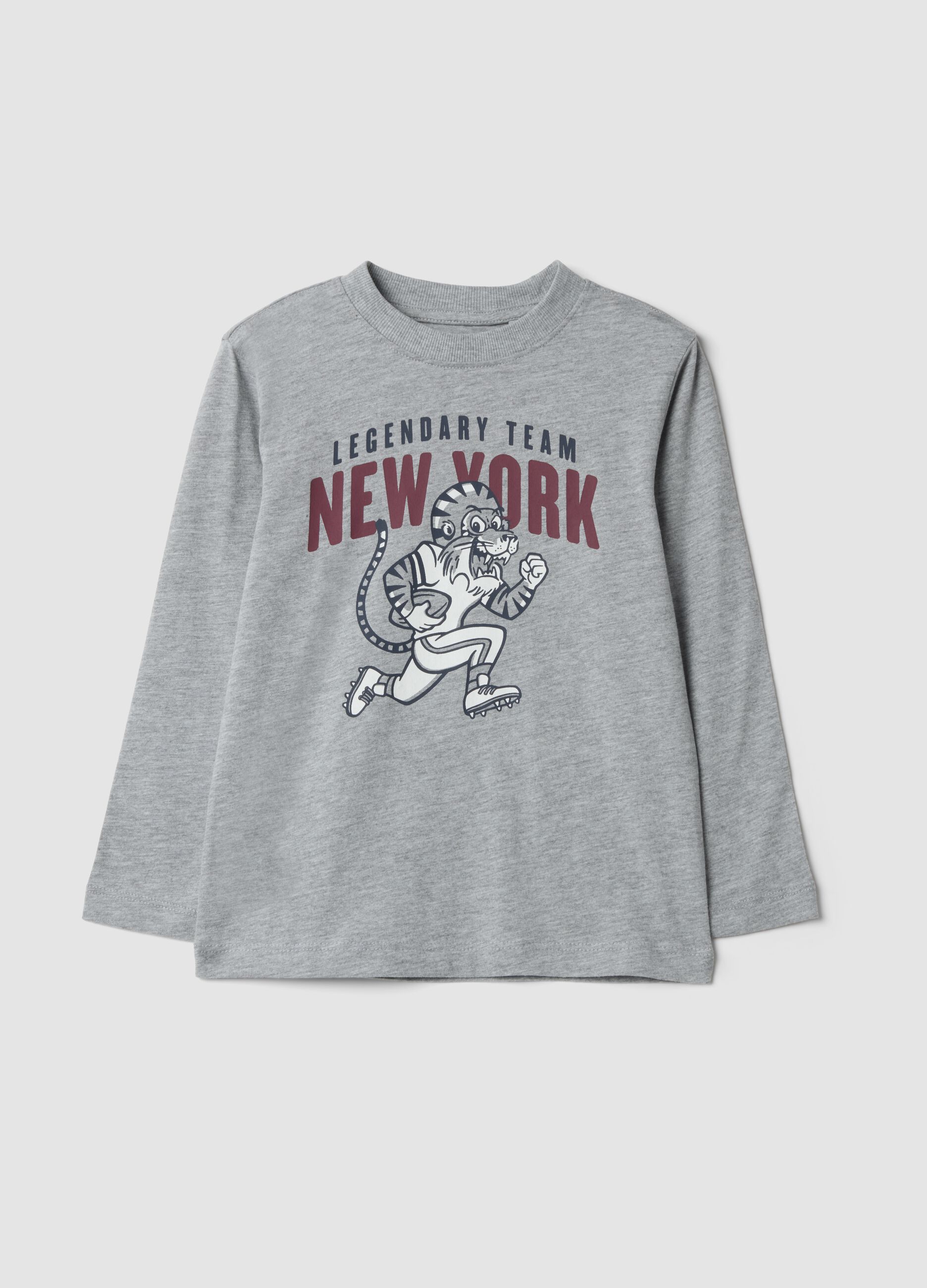 T-shirt grigia in puro cotone organico con stampa college