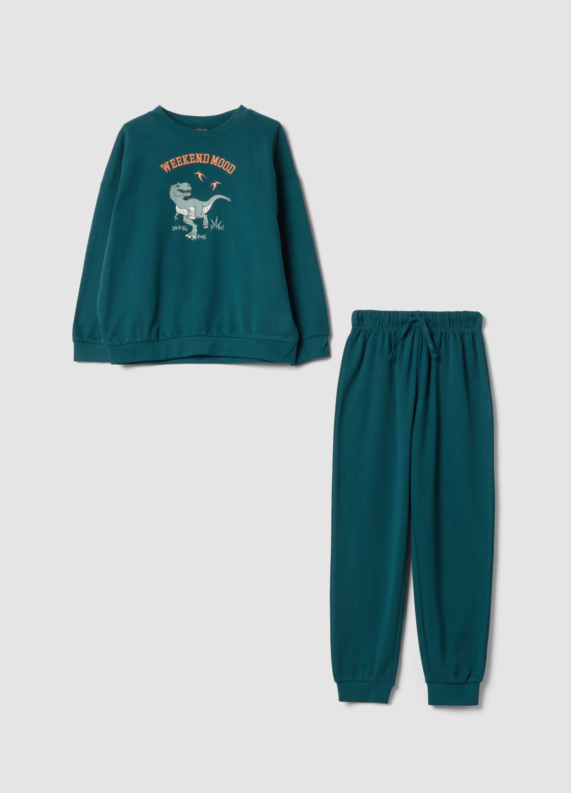 Pigiama verde in puro cotone organico con stampa dinosauro regular fit