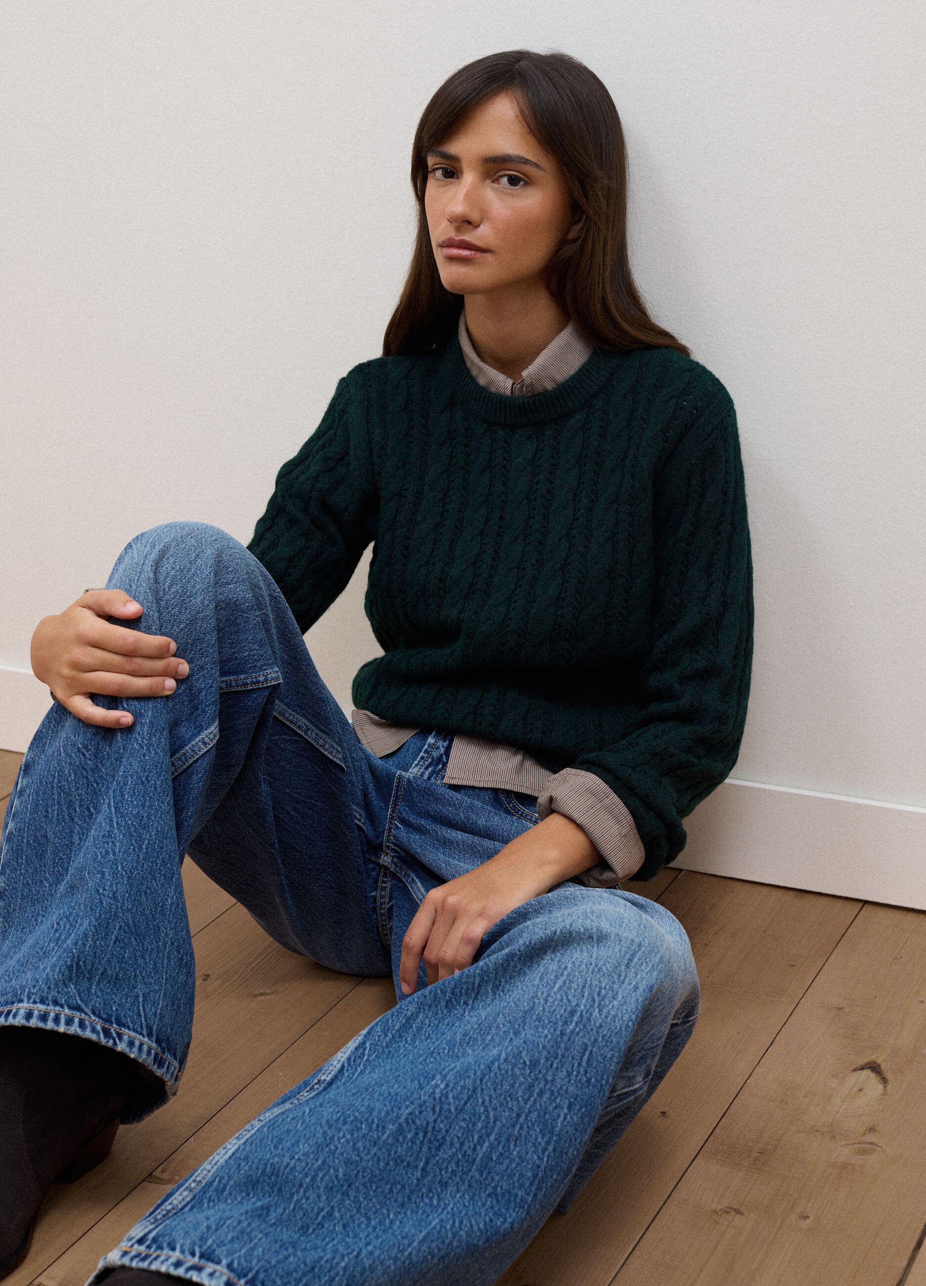 Green crew-neck cable-knit wool-blend jumper, regular fit