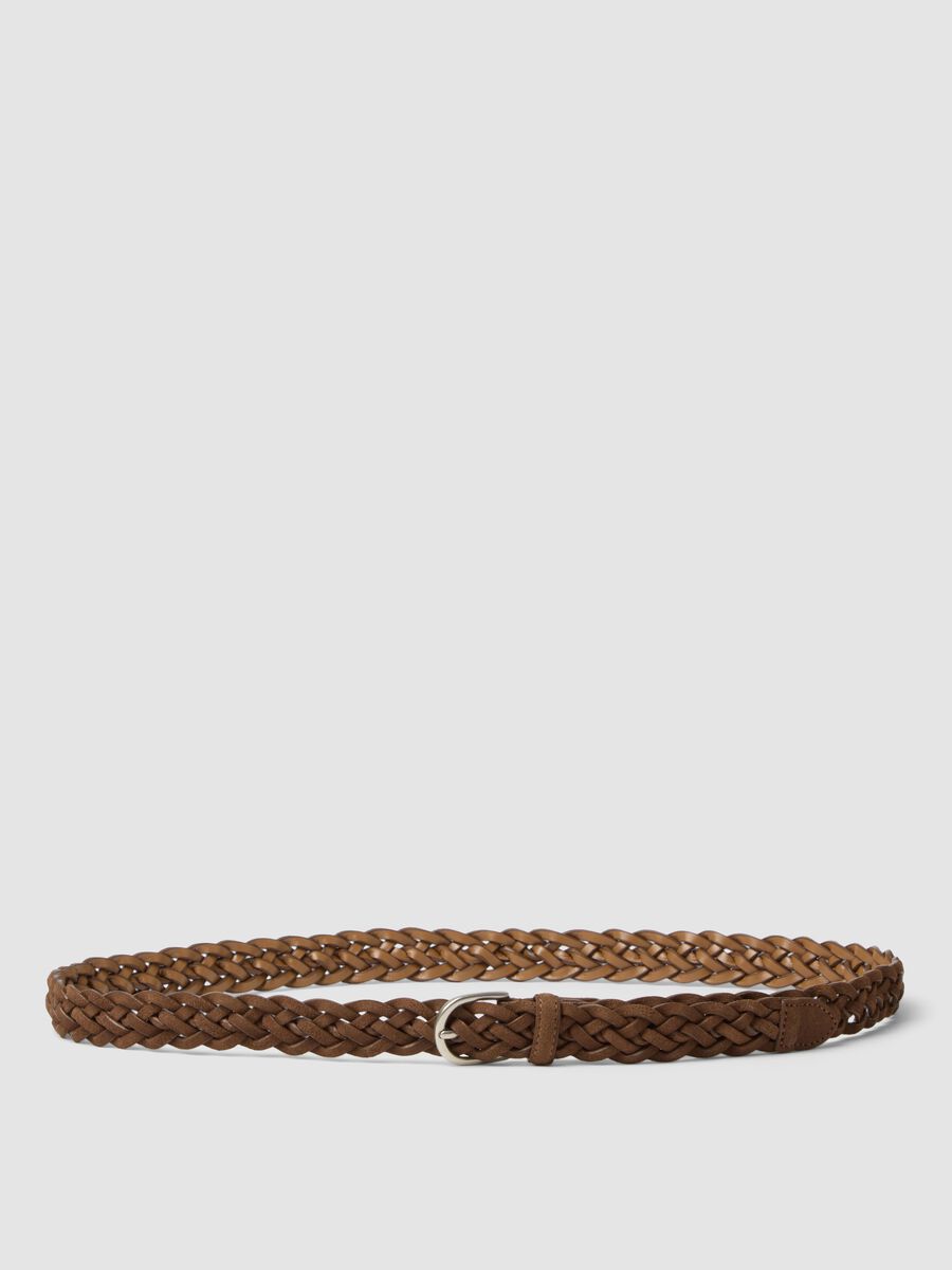 Brown braided genuine leather belt_0
