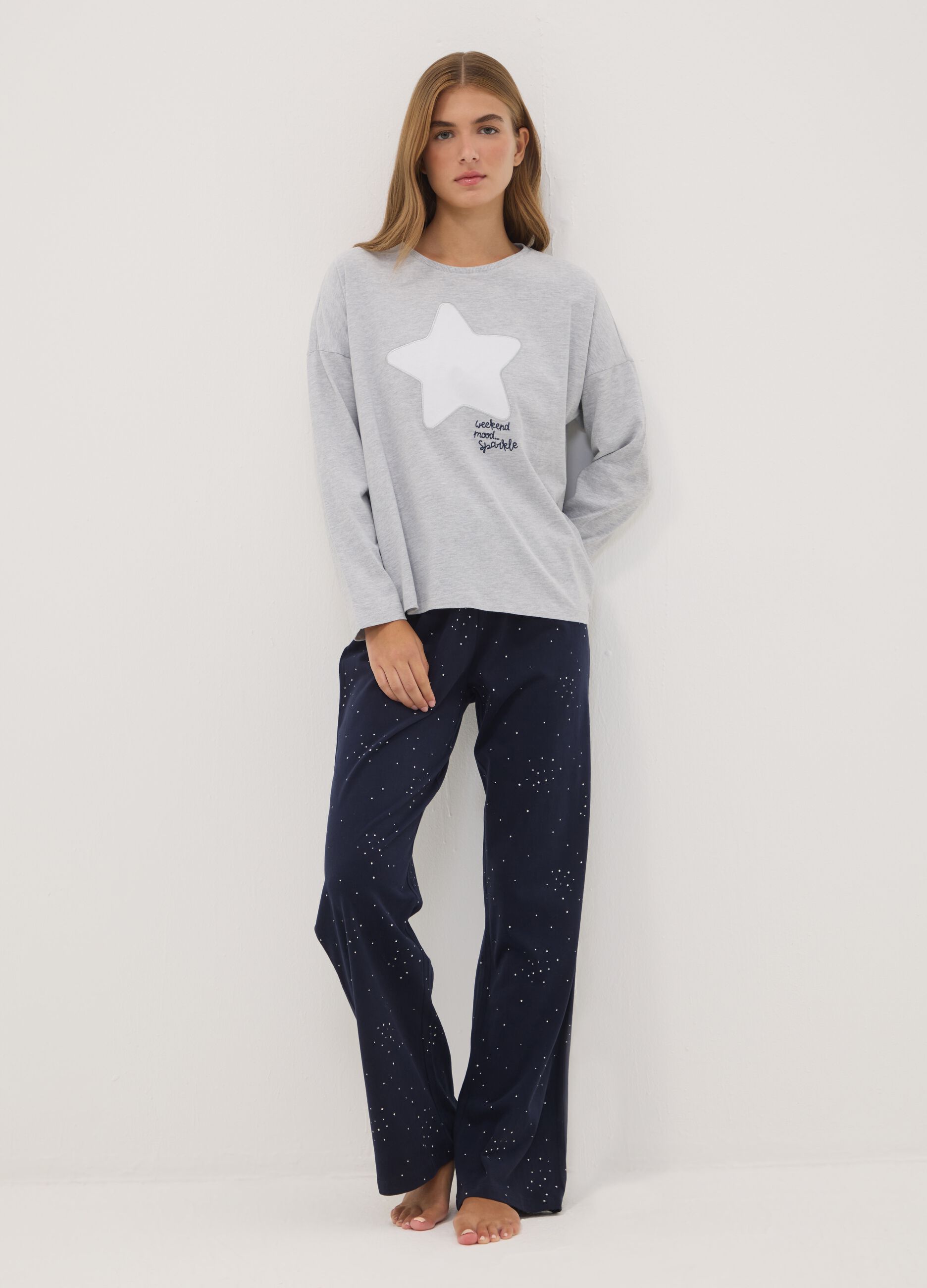 Grey organic cotton and viscose blend crew-neck pyjamas