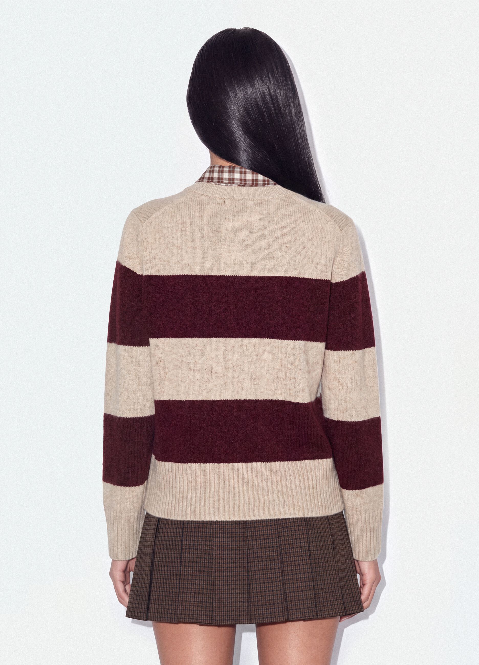Beige striped stretch wool crew-neck jumper