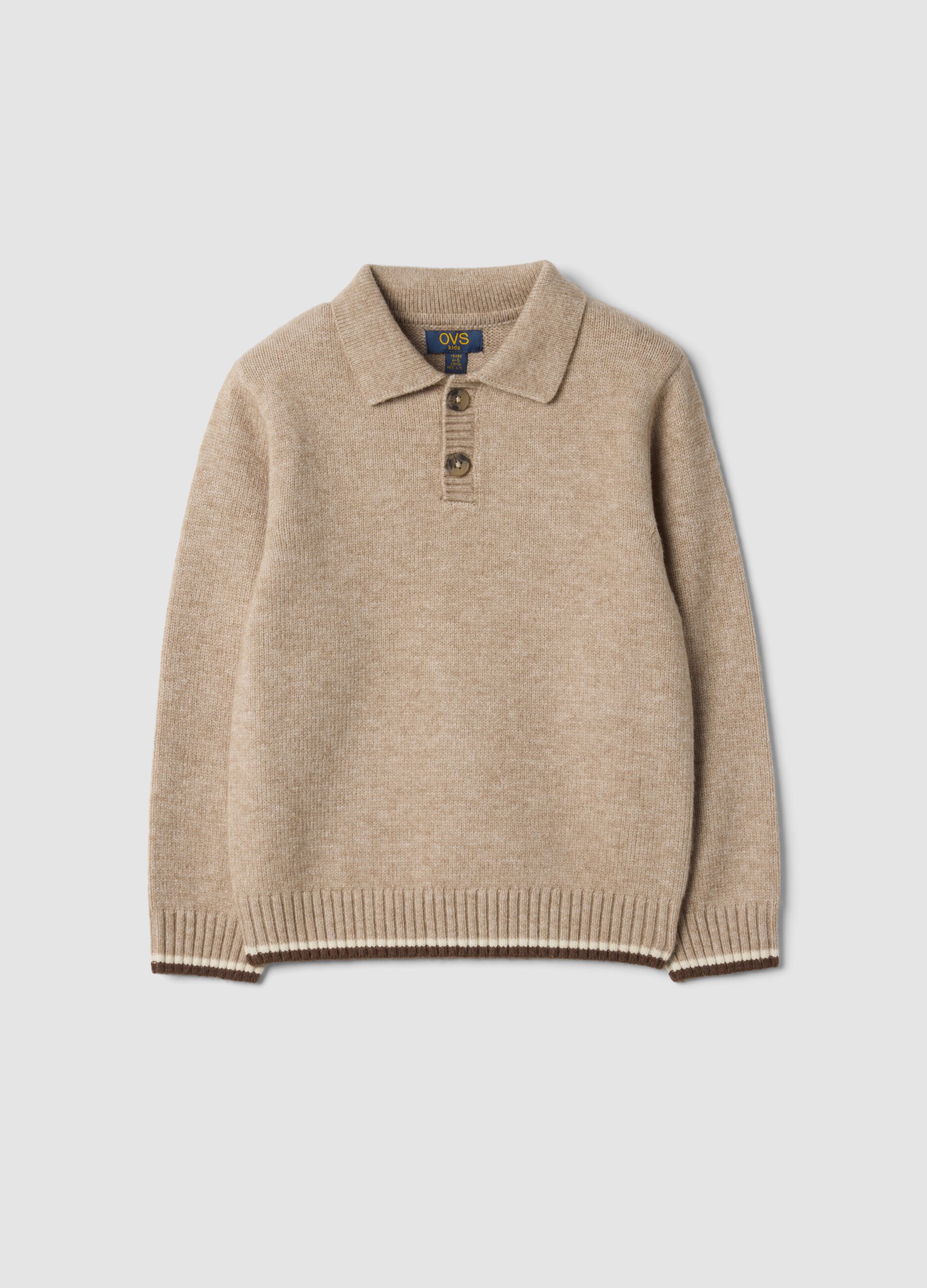 Beige regular-fit polo-collar jumper with ribbed trims