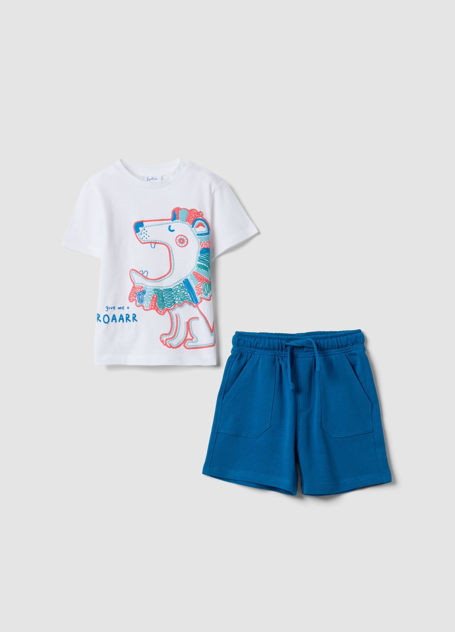 White and blue pure cotton t-shirt and shorts set for boys, regular fit