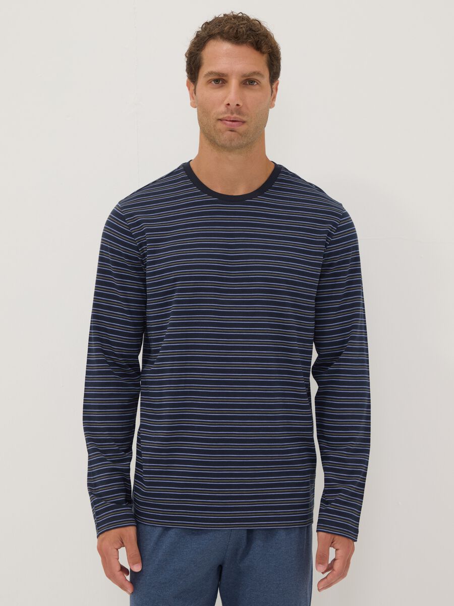 Navy blue striped pure organic cotton crew-neck pyjamas_1