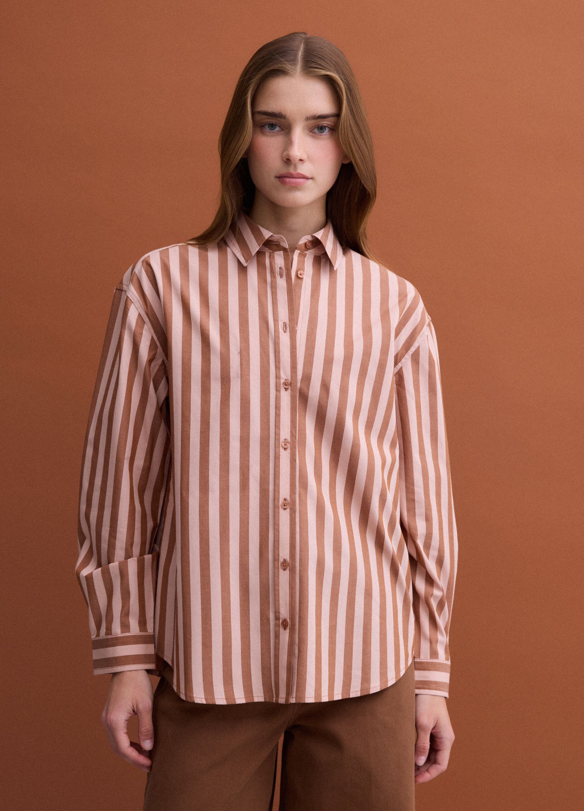 Brown striped pure cotton poplin shirt, regular fit