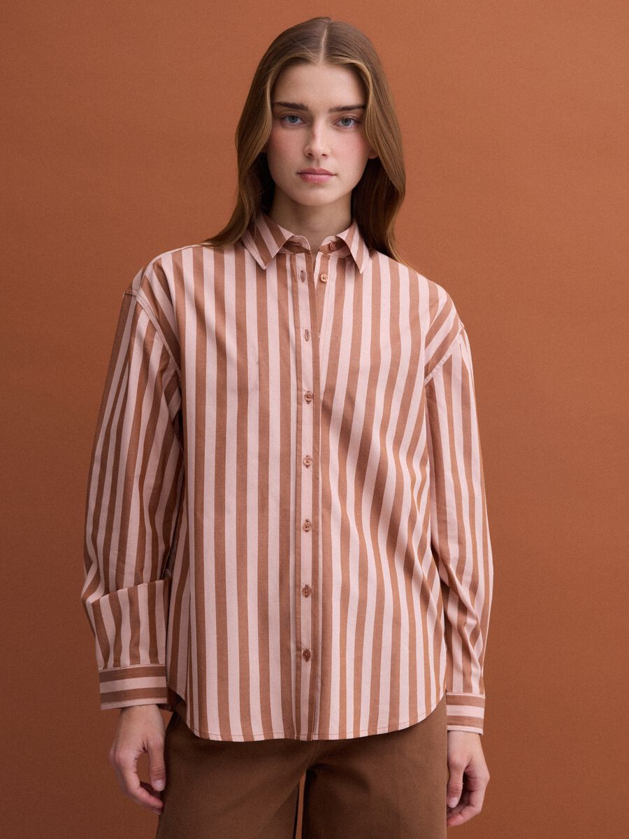 Brown striped pure cotton poplin shirt, regular fit_0
