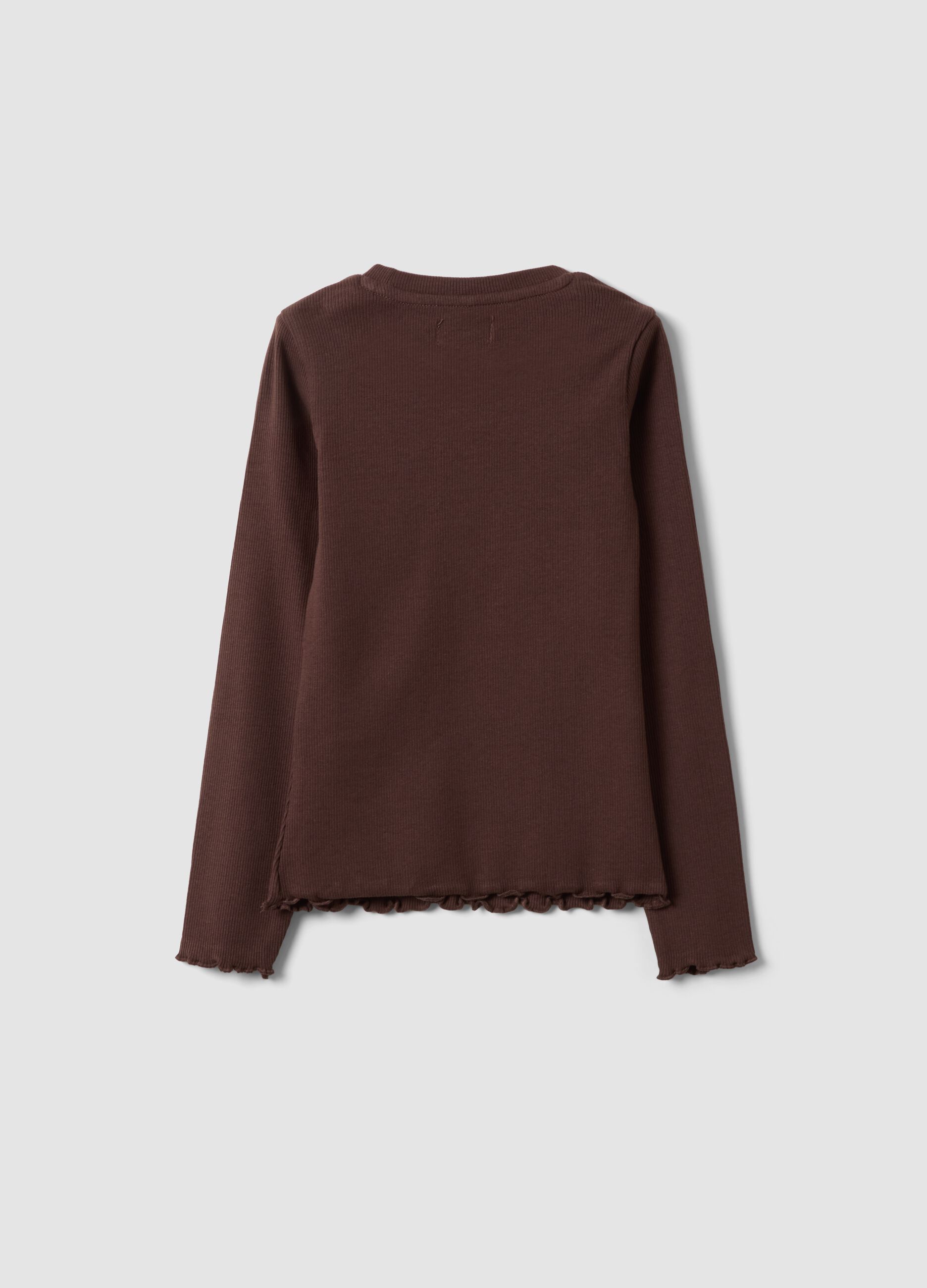 Brown ribbed organic stretch cotton T-shirt