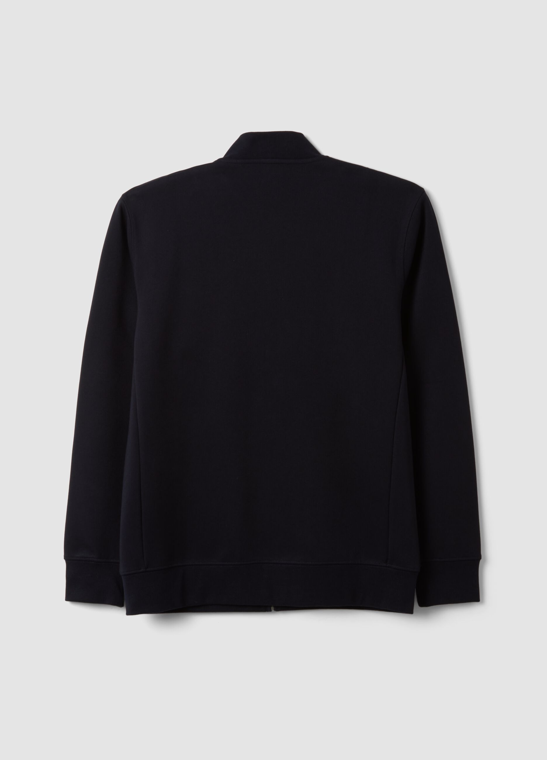 Navy full-zip sweatshirt in stretch piqu&eacute; with ribbed collar