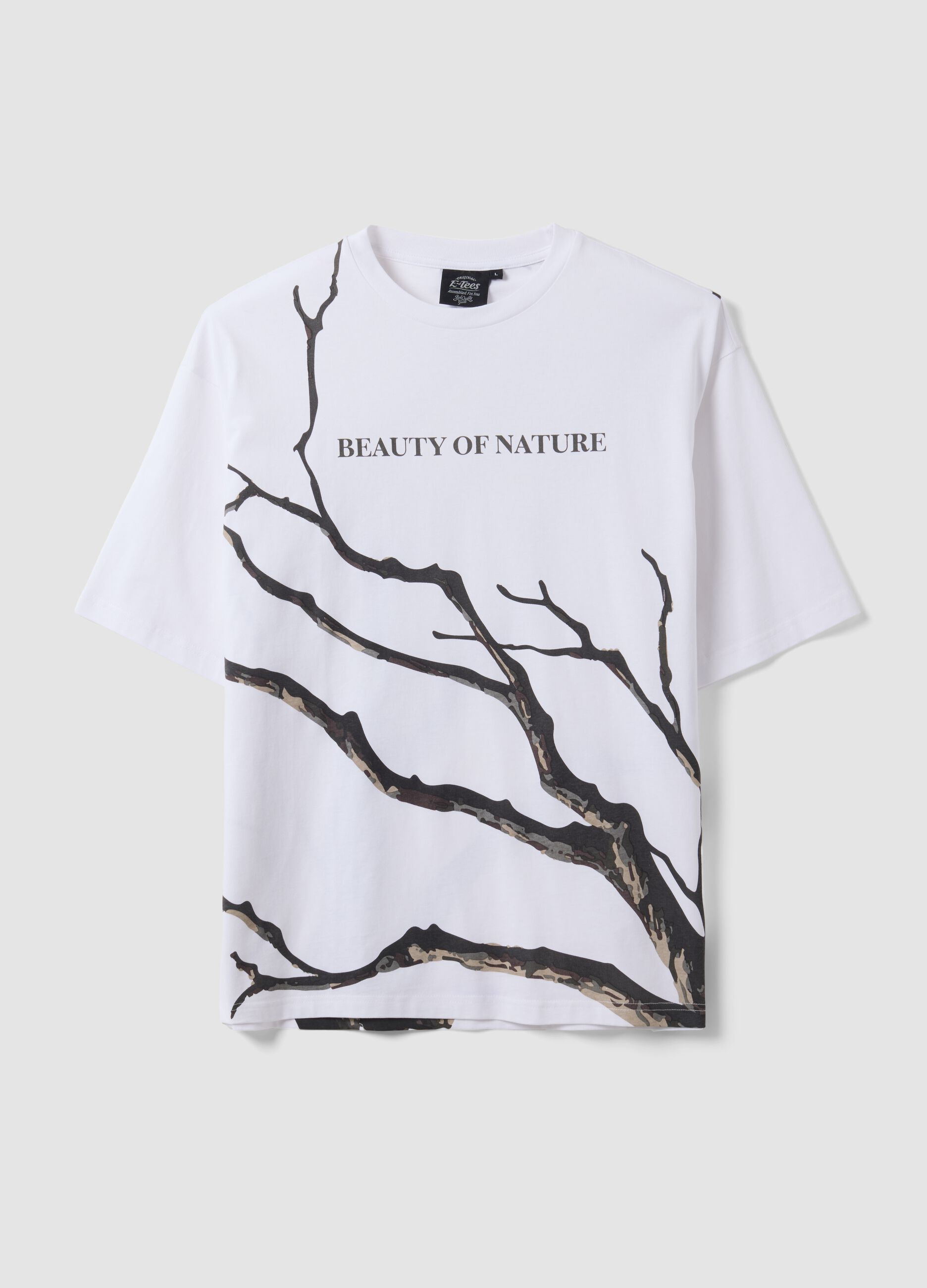 White pure cotton T-shirt with foliage print