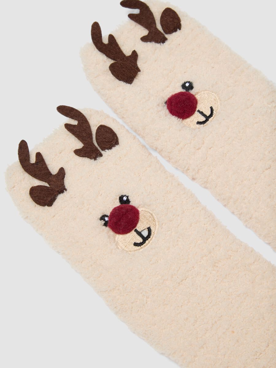 Beige stretch-fabric socks with reindeer motif_1