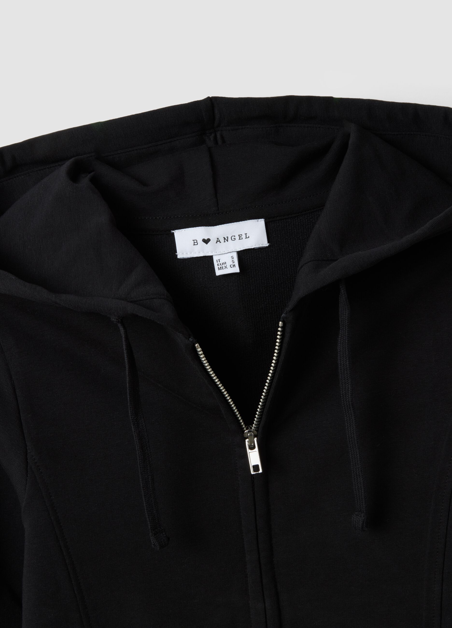 Black full-zip pure cotton hoodie, fitted