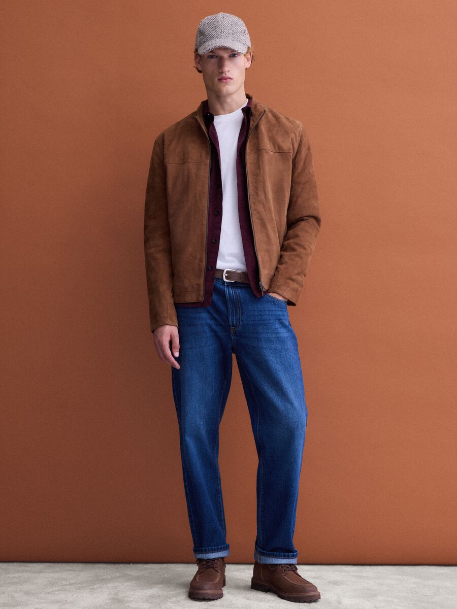 Brown genuine leather jacket with zip, regular fit_1