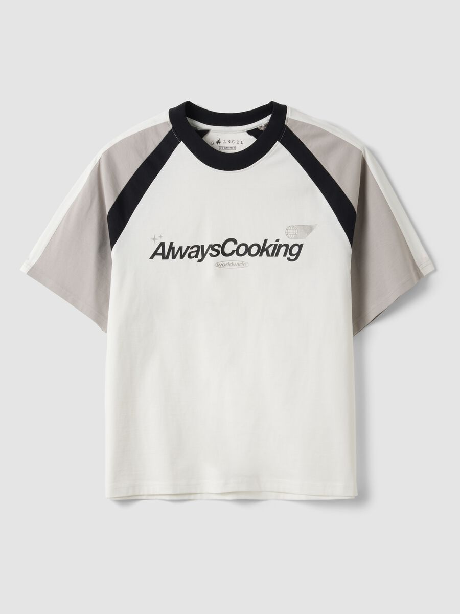White pure cotton crew-neck T-shirt with &ldquo;Always Cooking&rdquo; slogan_0