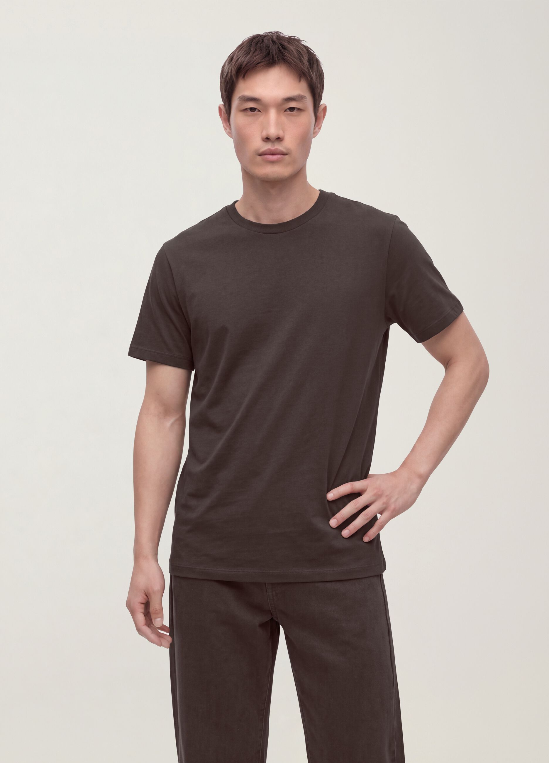 Brown mercerised pure cotton regular-fit crew-neck T-shirt