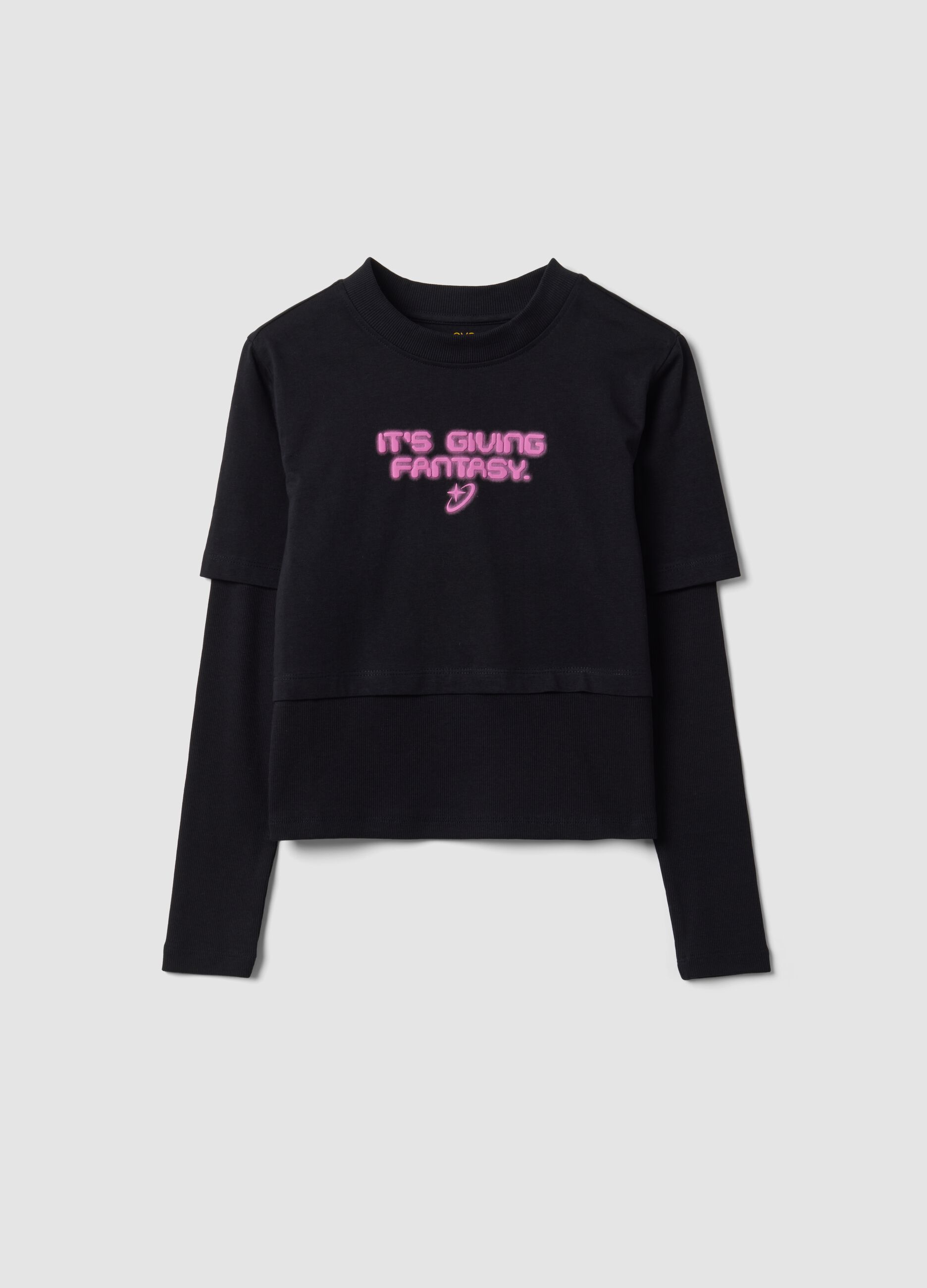 Black pure cotton T-shirt with ribbed crew neck and boxy fit print