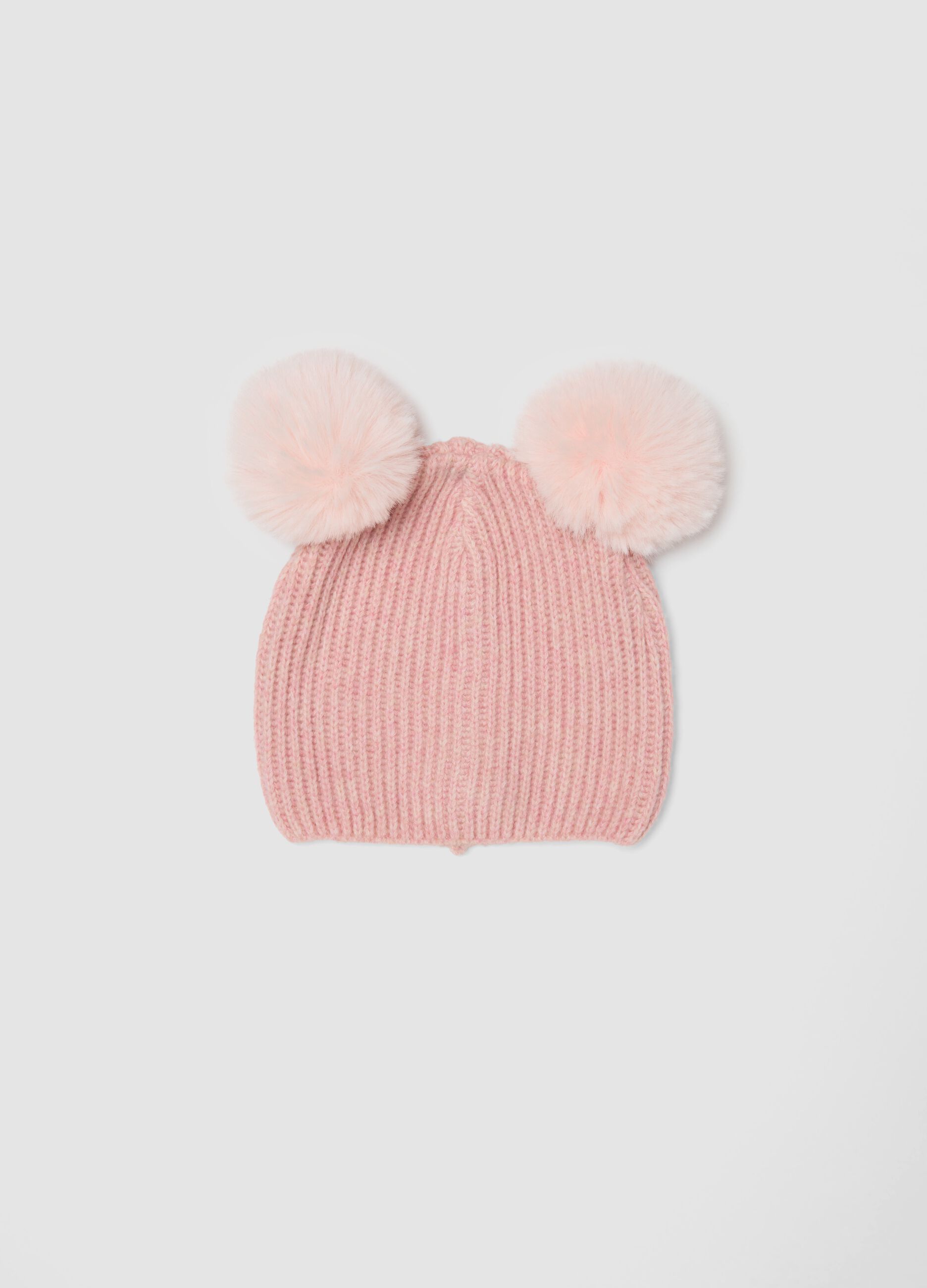 Pink ribbed wool-blend hat with two pom-poms