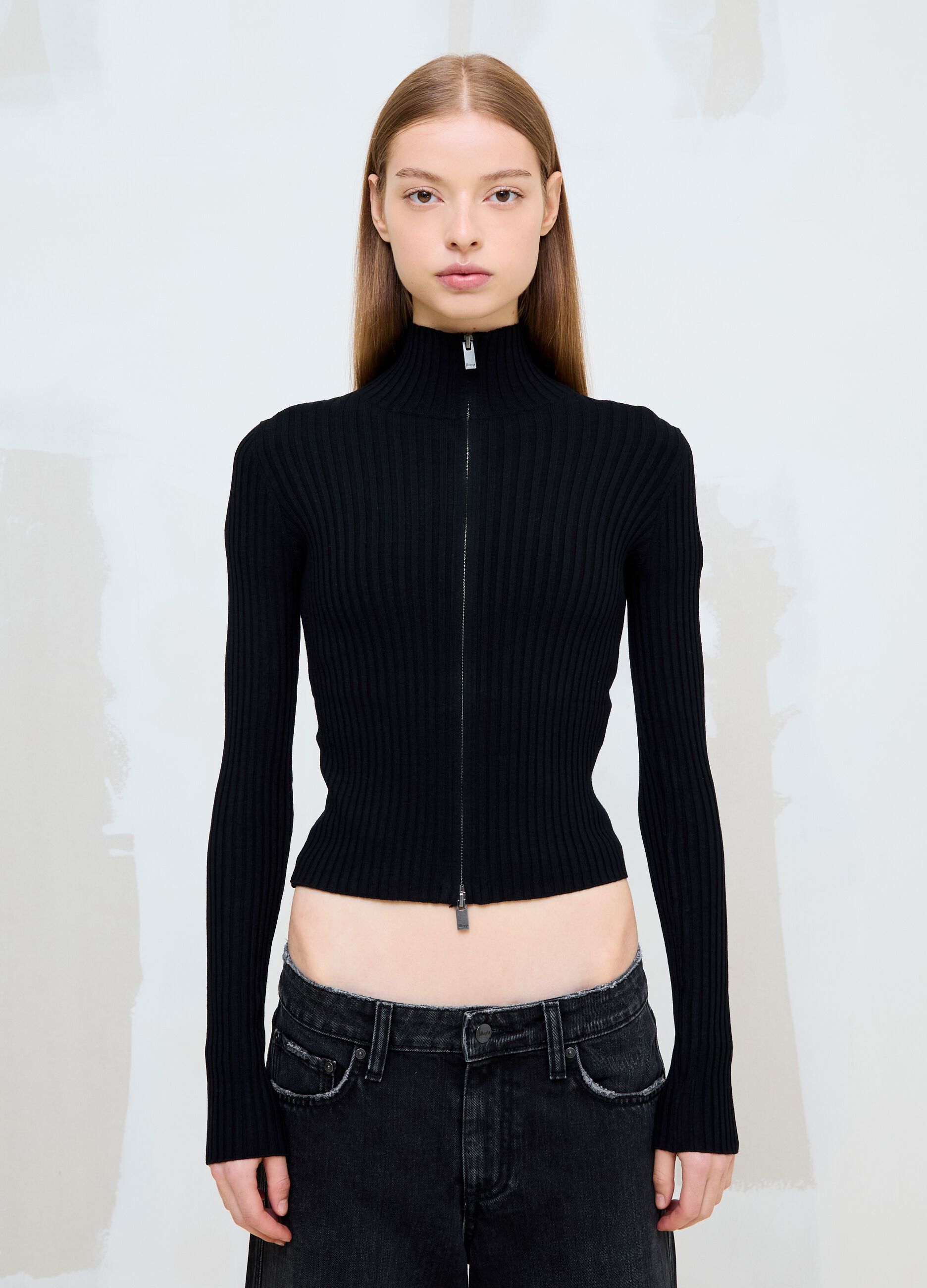 Black Ribbed Knit Full-Zip
