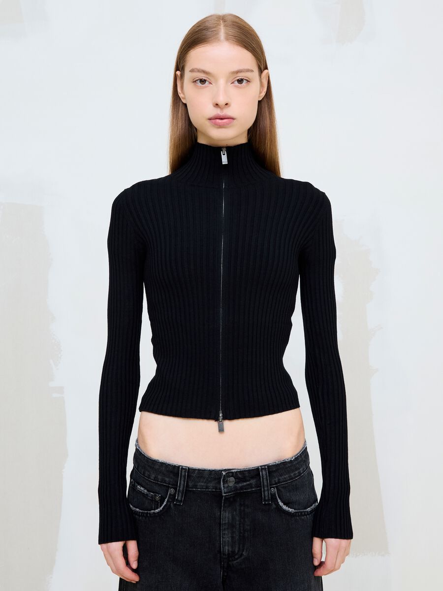 Black Ribbed Knit Full-Zip_2