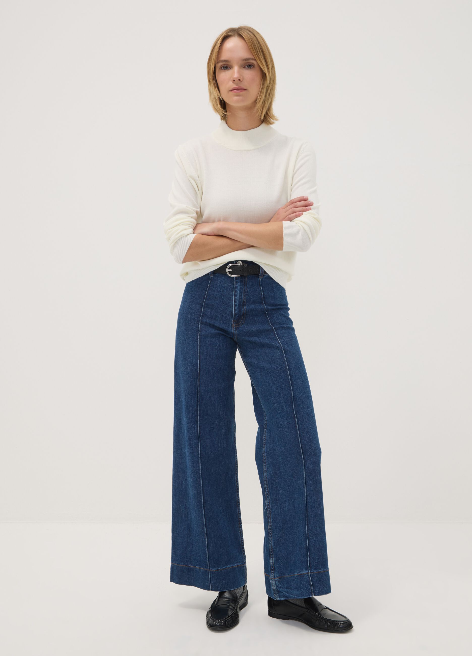 White long-sleeved top with high neck, regular fit