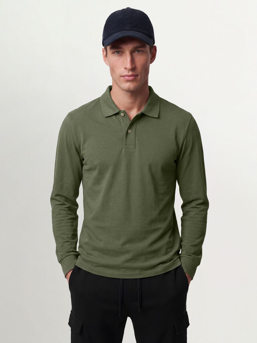 Green long-sleeve organic cotton piqu&eacute; polo, regular fit_0