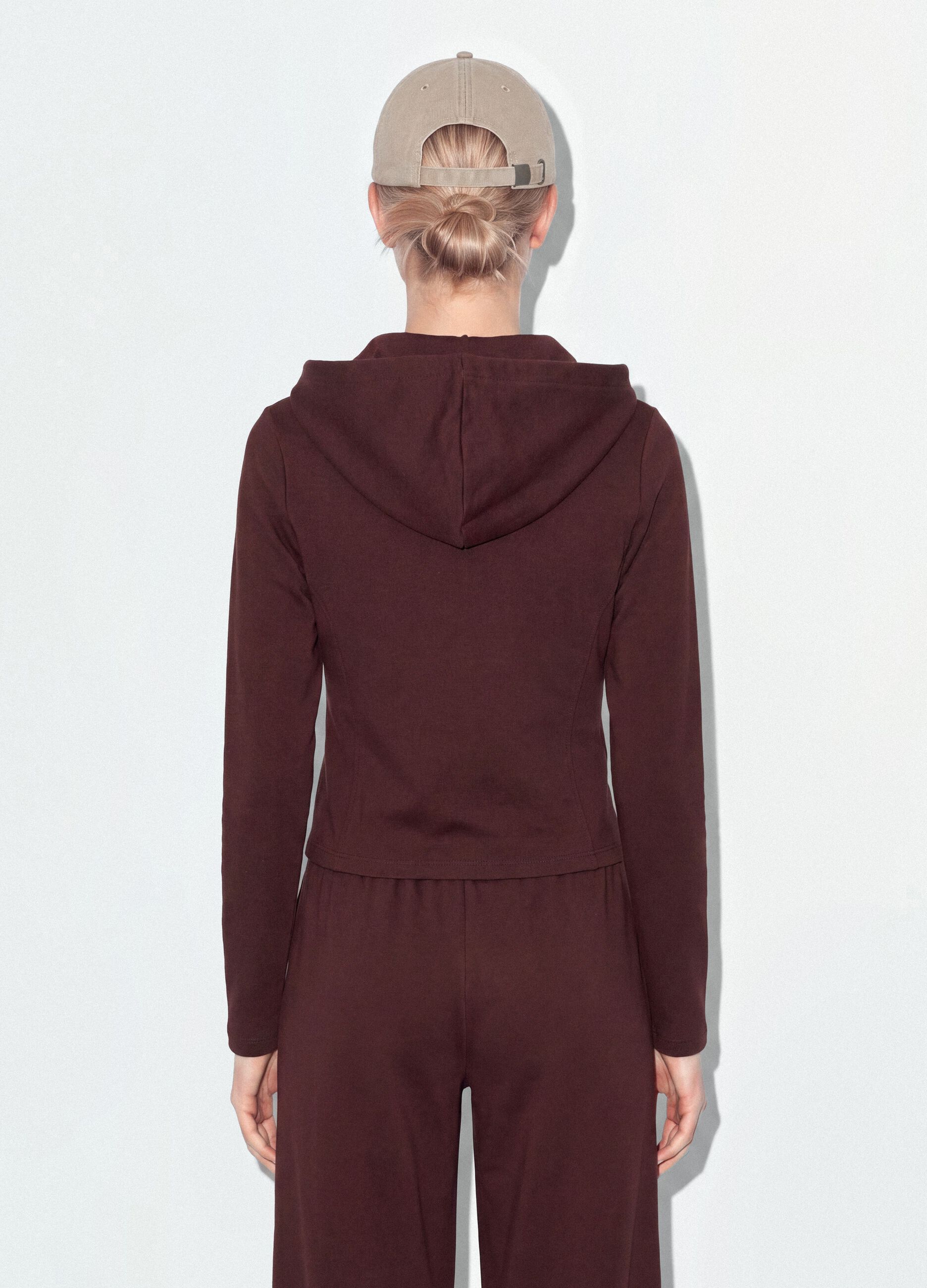 Brown full-zip pure cotton fitted hoodie
