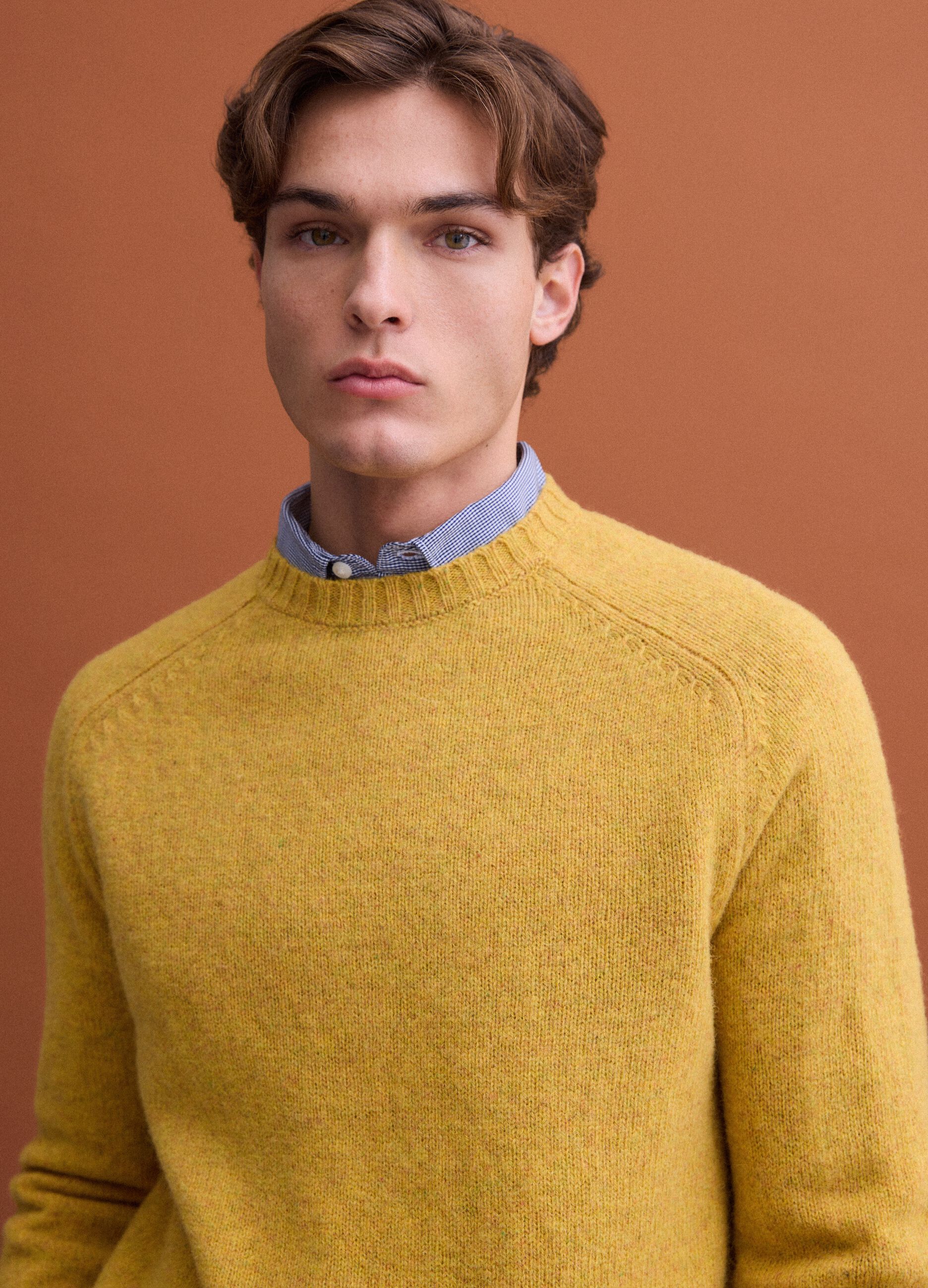 Yellow crew-neck pure wool jumper, regular fit
