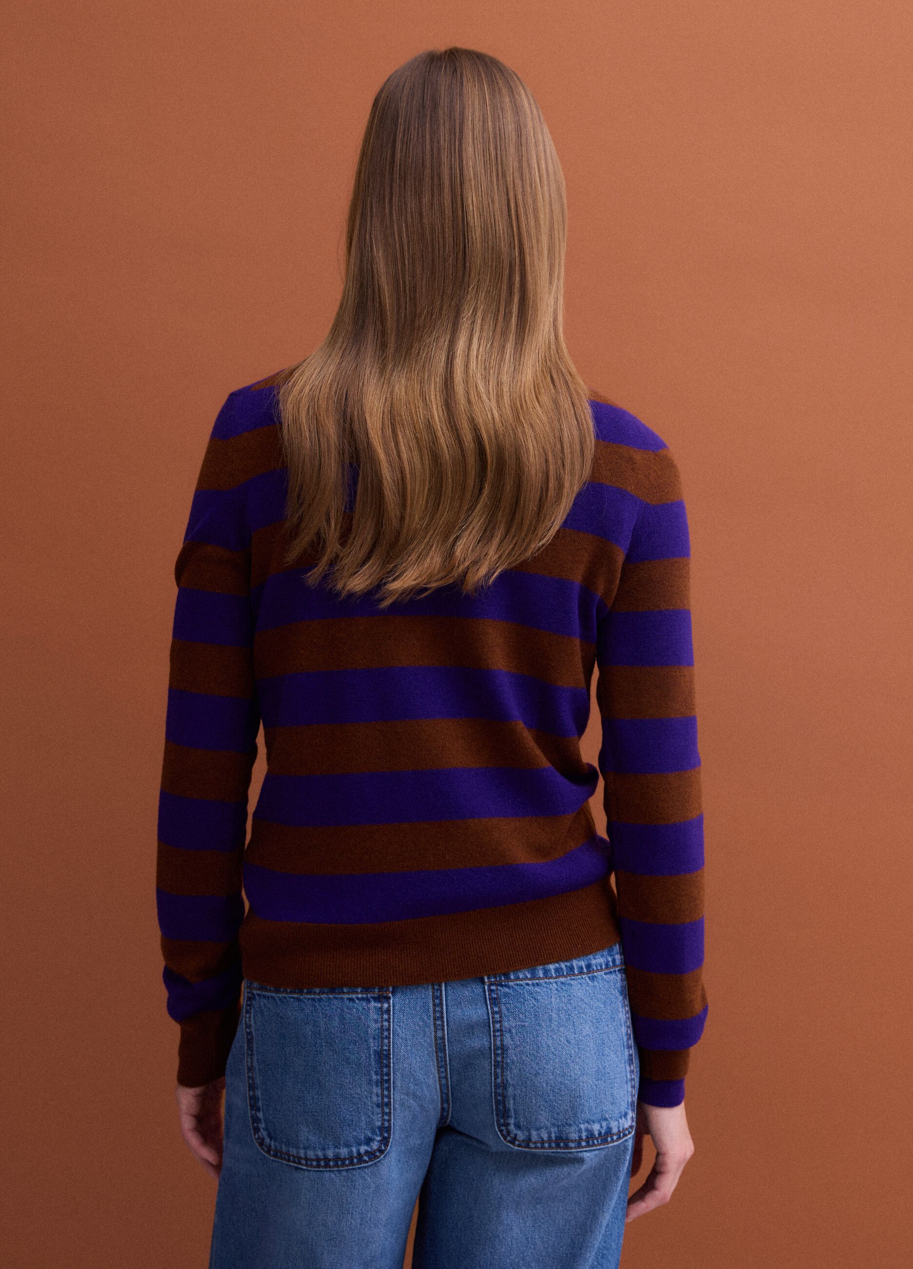 Purple pure wool striped crew-neck jumper