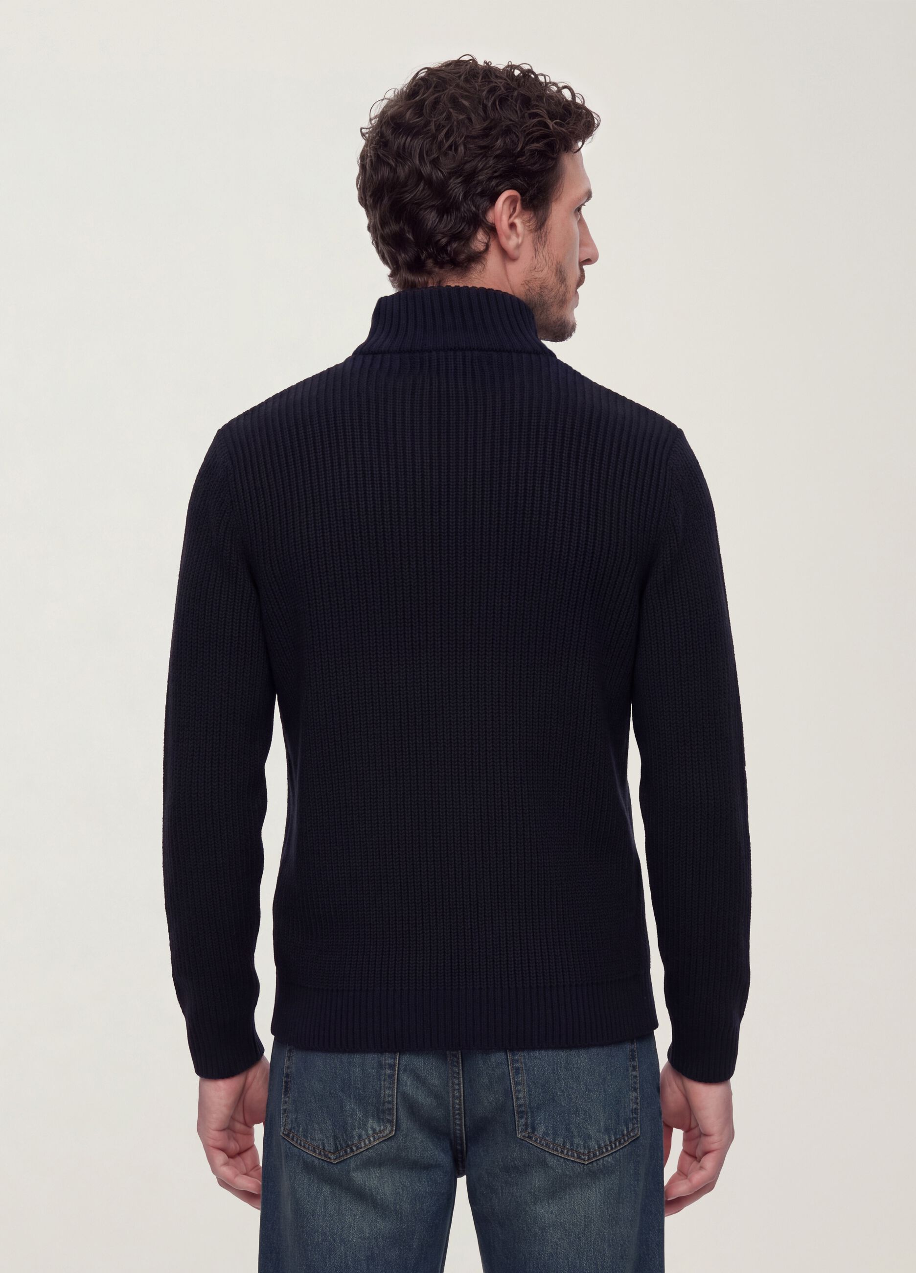 Navy rib-knit zip cardigan with collar, regular fit