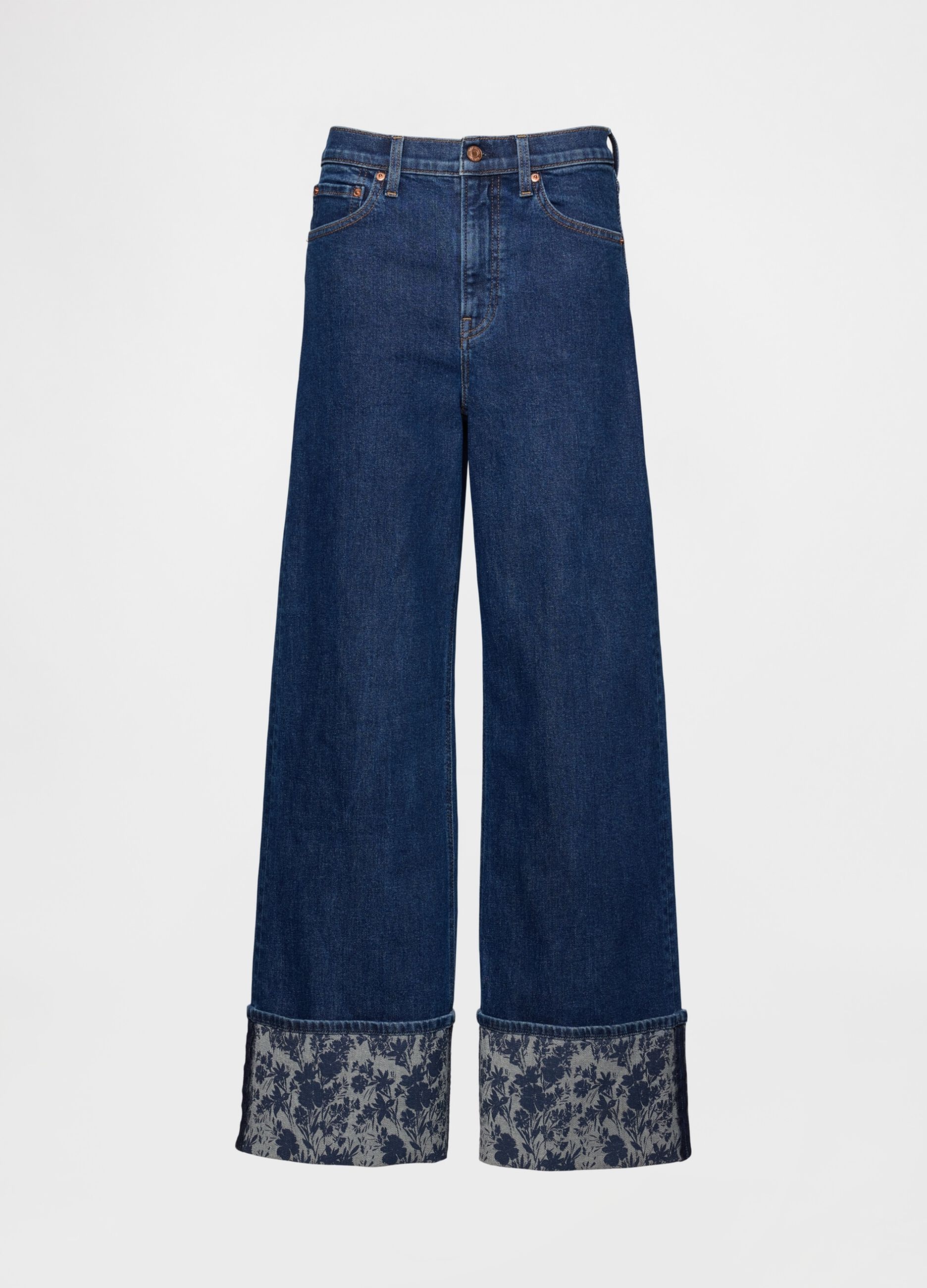 Wide denim trousers with floral turn-up
