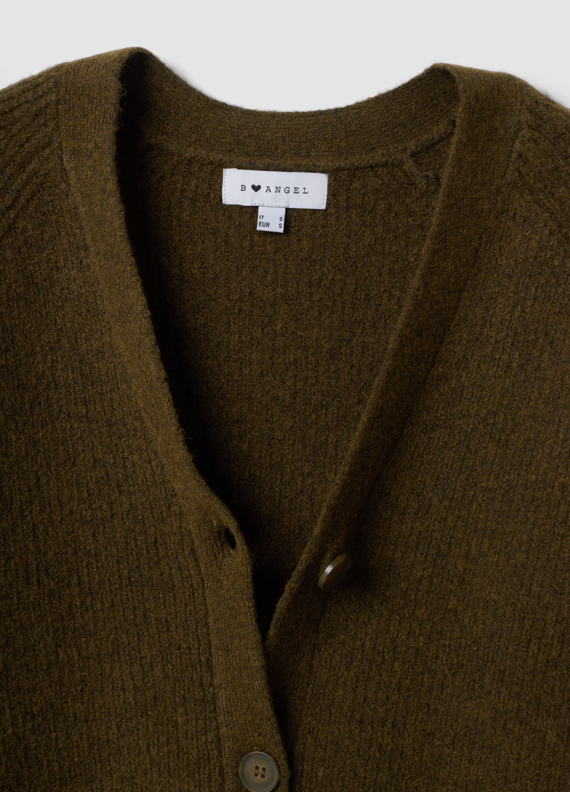 Green stretch wool cardigan with deep V-neck, oversized fit