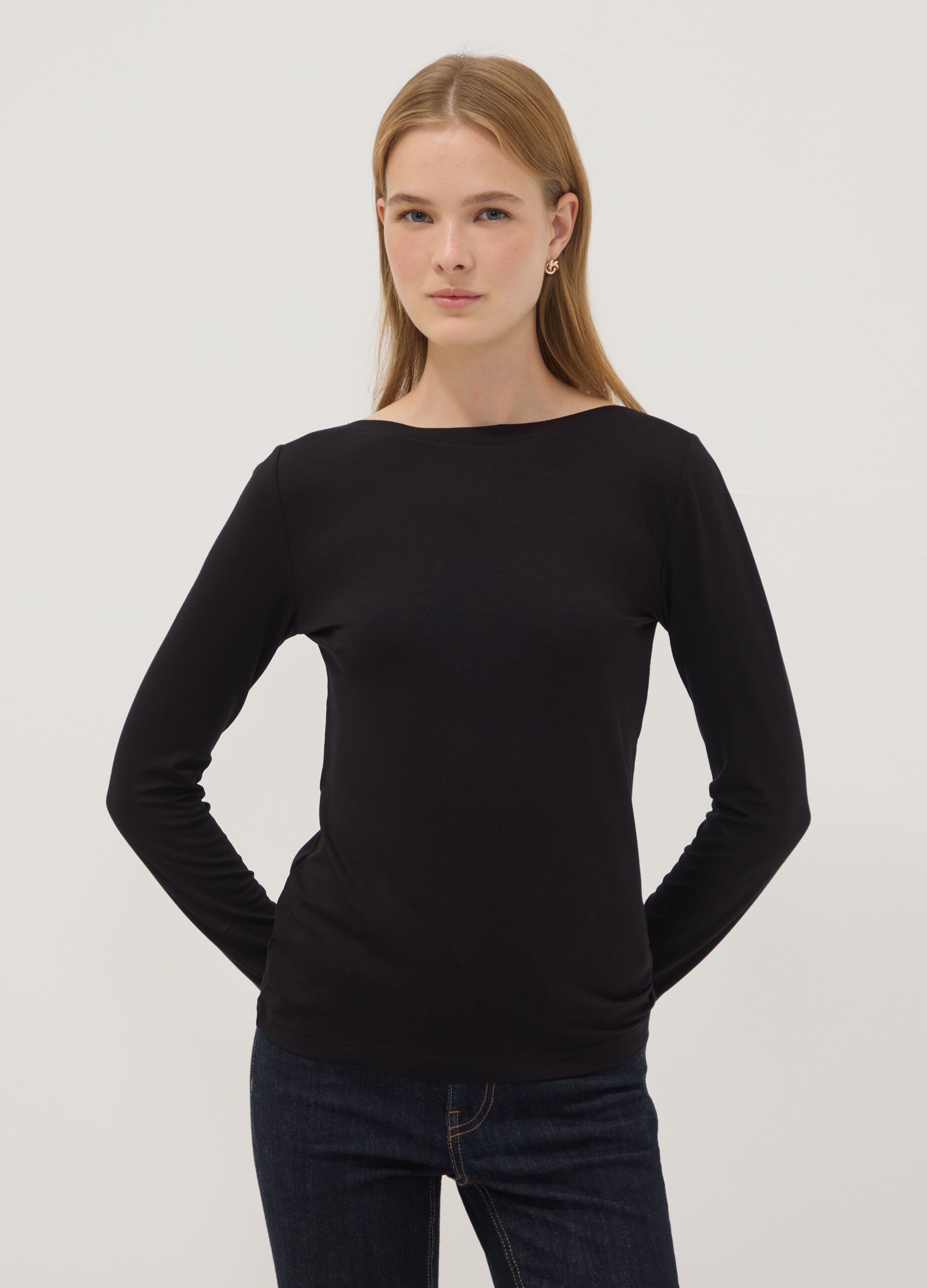Black stretch viscose slim-fit T-shirt
