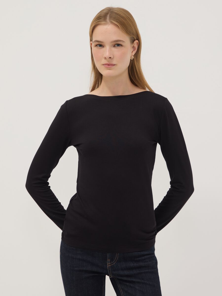 Black stretch viscose slim-fit T-shirt_1